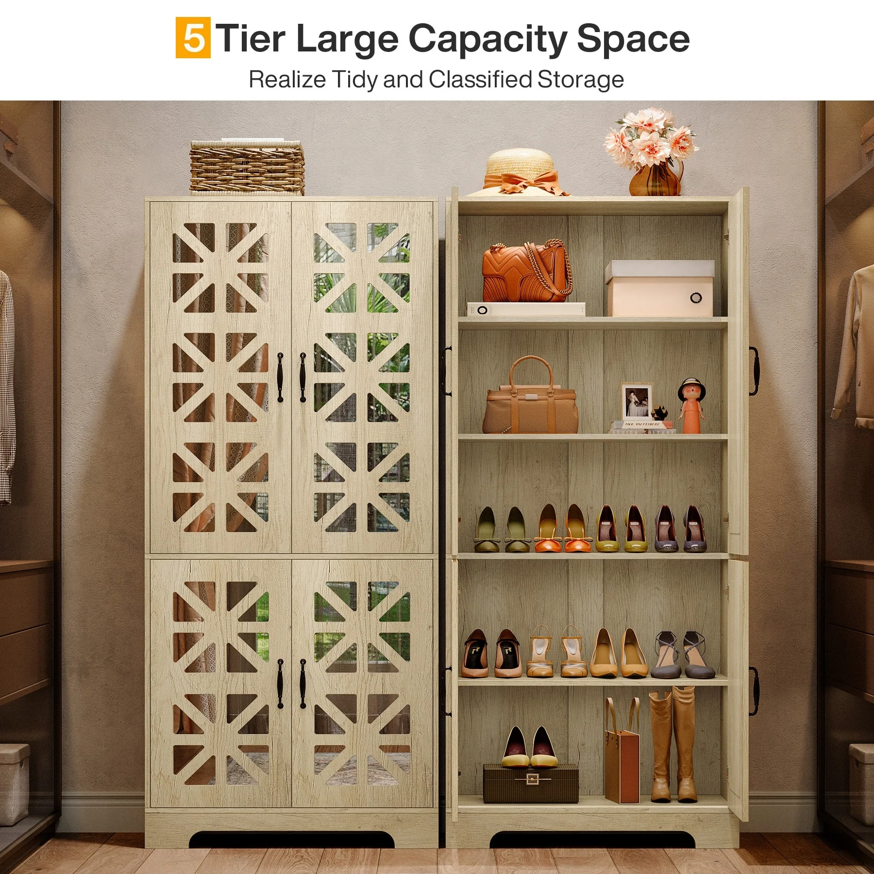 72-Inch Tall Shoe Storage Cabinet, 5-Tier Large Shoe Organizer with Adjustable Shelves
