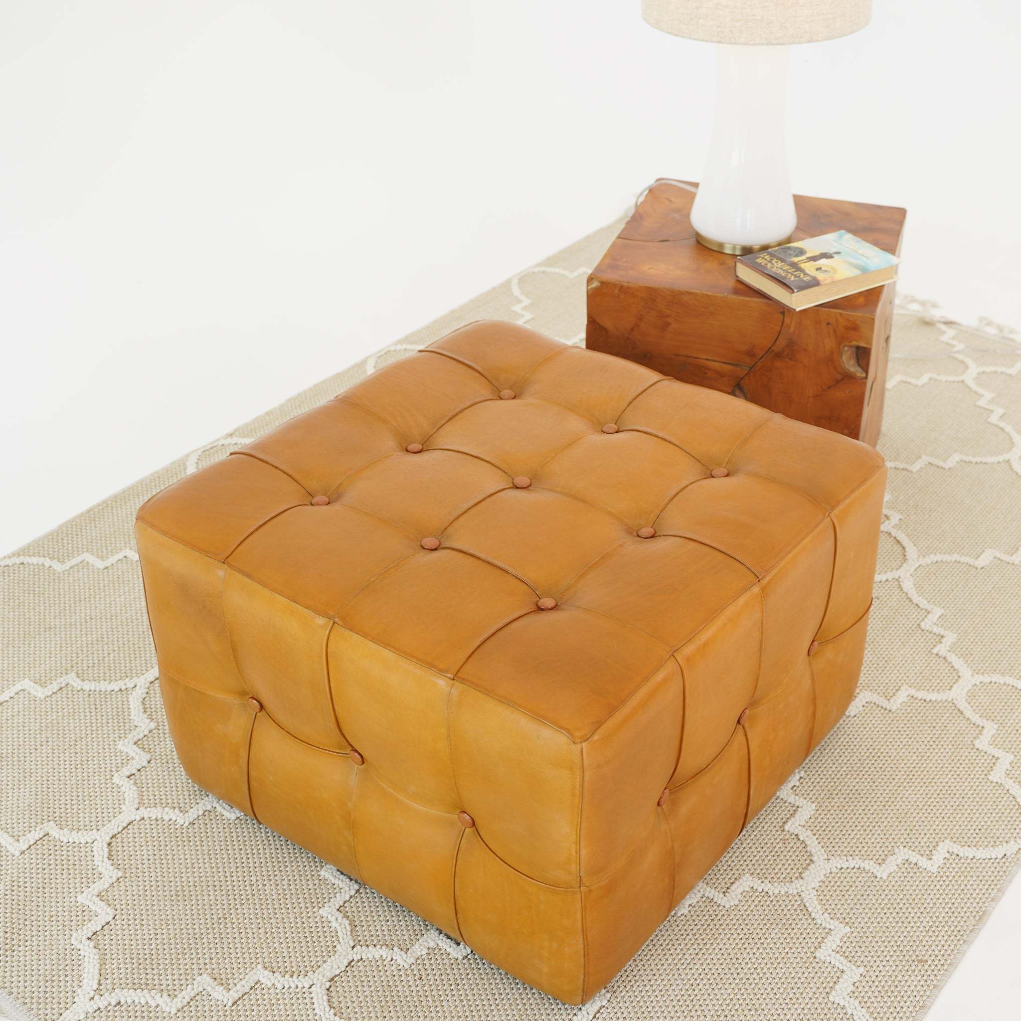 Benjiro Square Tan Leather Ottoman