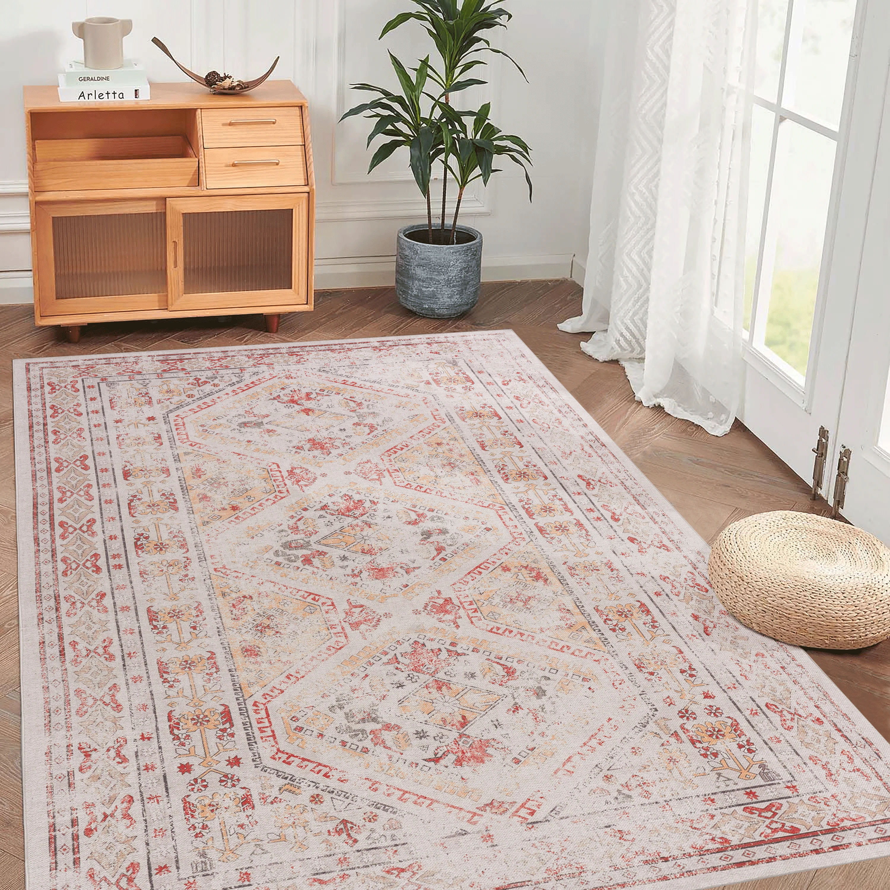 Area Rug with Distressed Boho Medallion Design