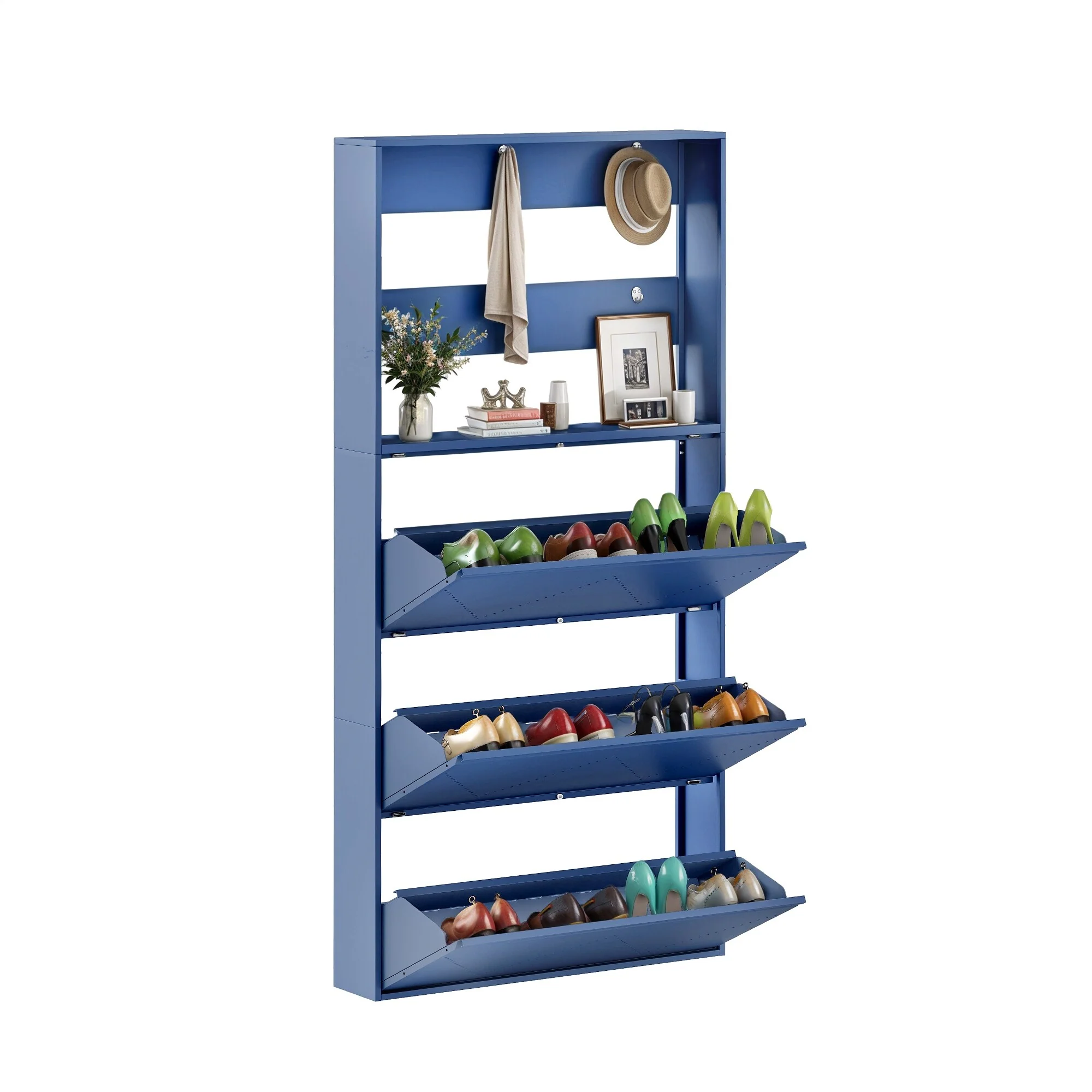 Moasis Wall-Mounted Shoe Cabinet with 3 Flip Drawers, Shoe Organizer with Hanging Bars and Hooks