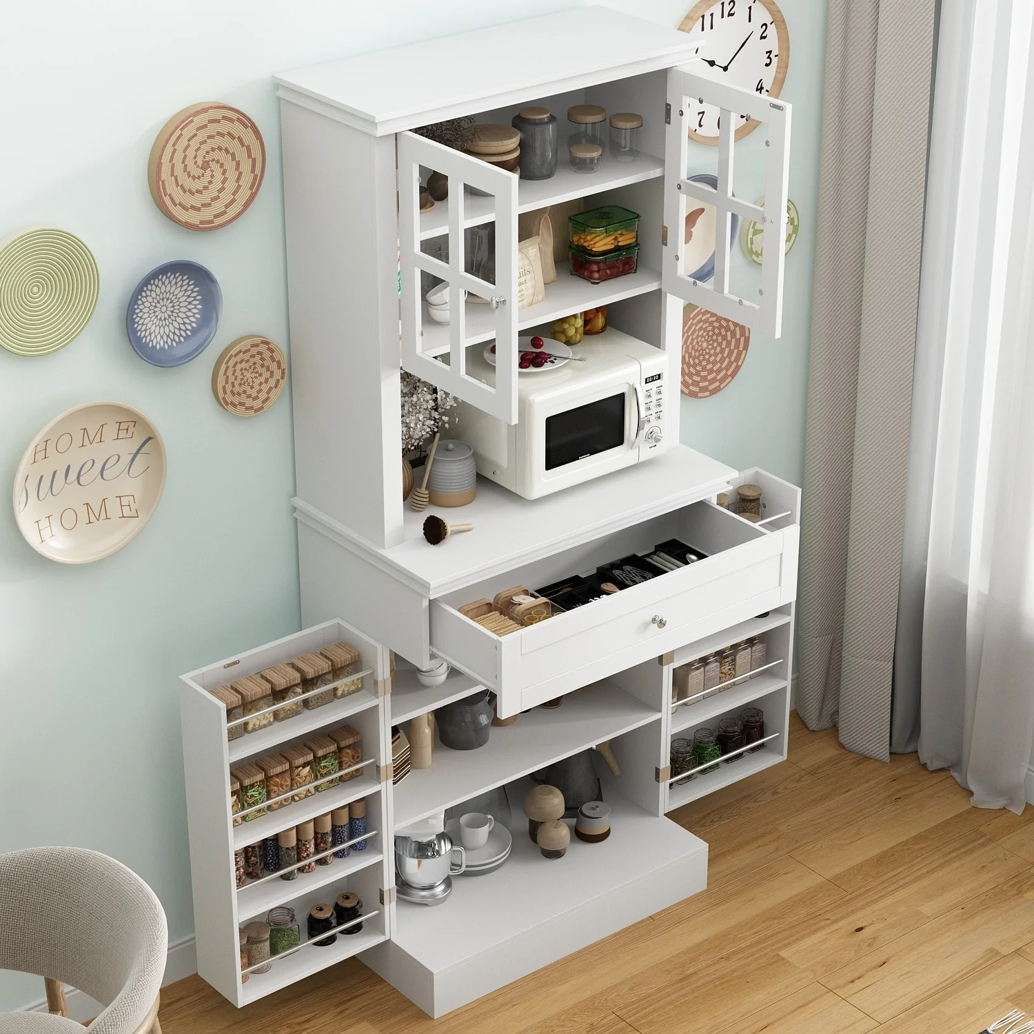 Long Standing Kitchen Cabinet with Large Open Space for Microwave - 30