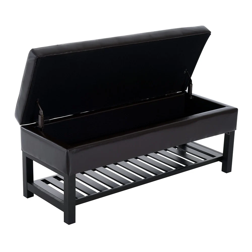 Porch & Den Westfield Brown Faux Leather Tufted Shoe Rack Ottoman Storage Bench