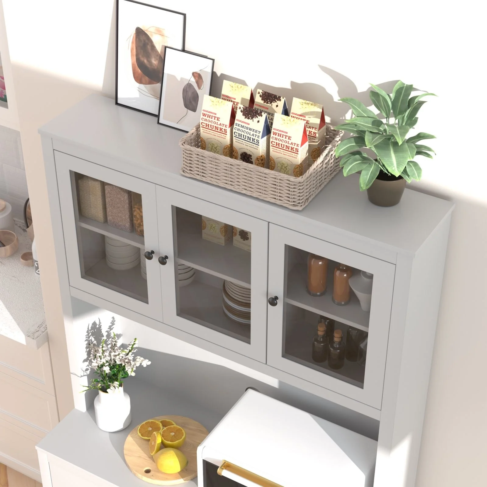 VEIKOUS Kitchen Pantry Storage Cabinet Cupboard with Framed Glass Door and Drawer