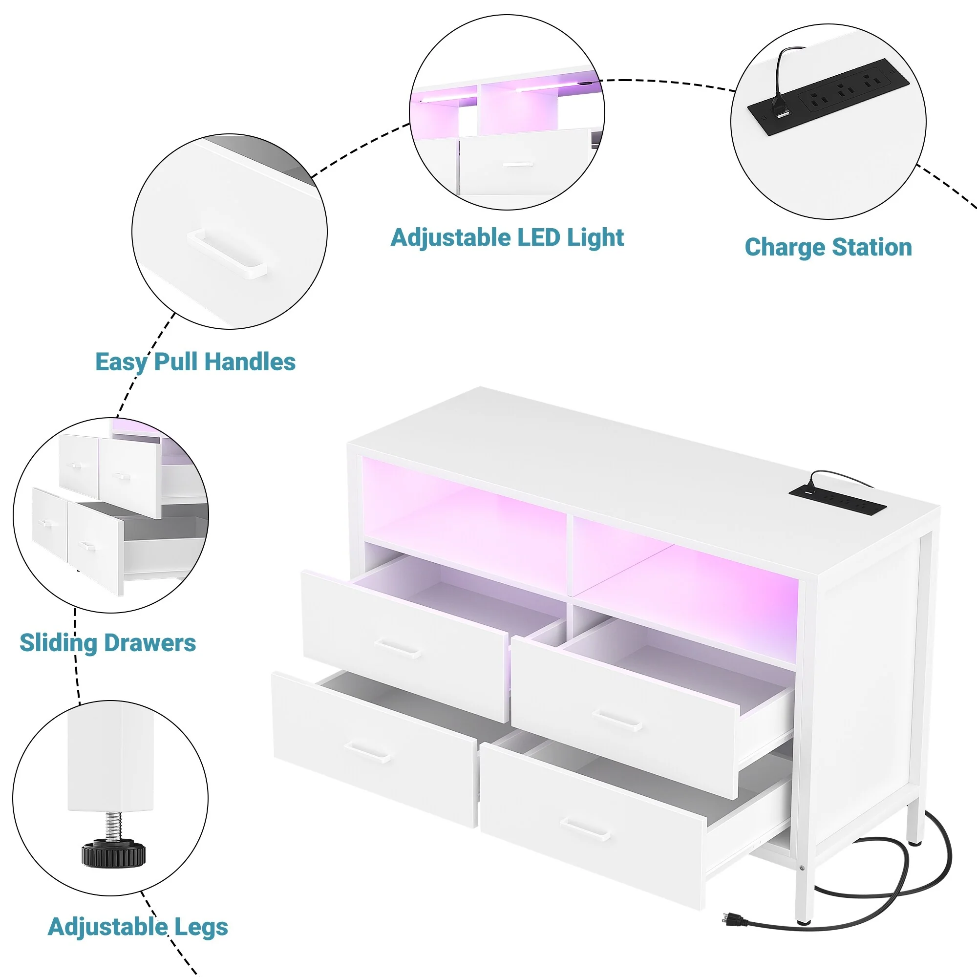 Chest of Drawers with LED Lights and Outlets,Wood Drawer Dresser for Clothes Storage