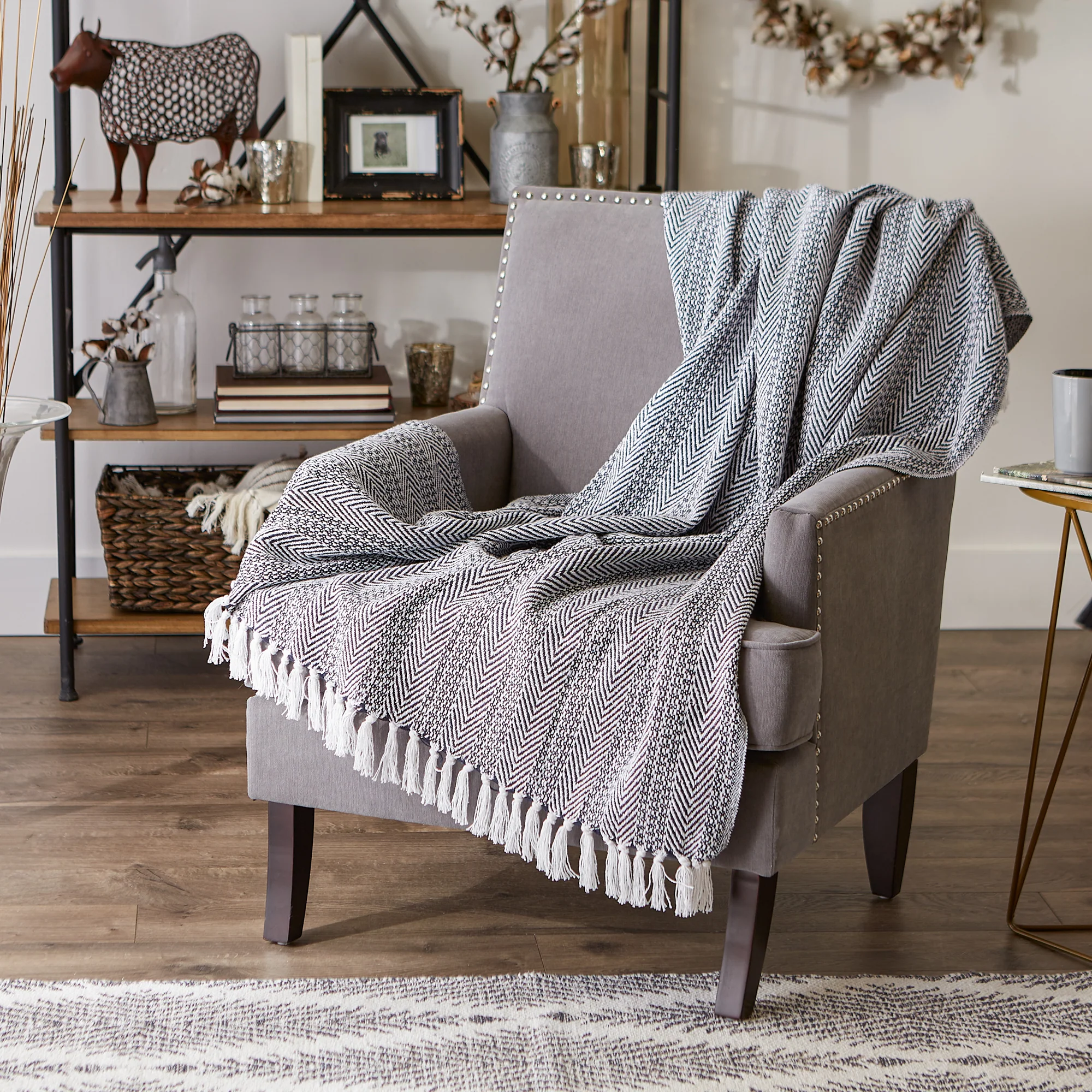 Nautical Blue Herringbone Stripe Throw