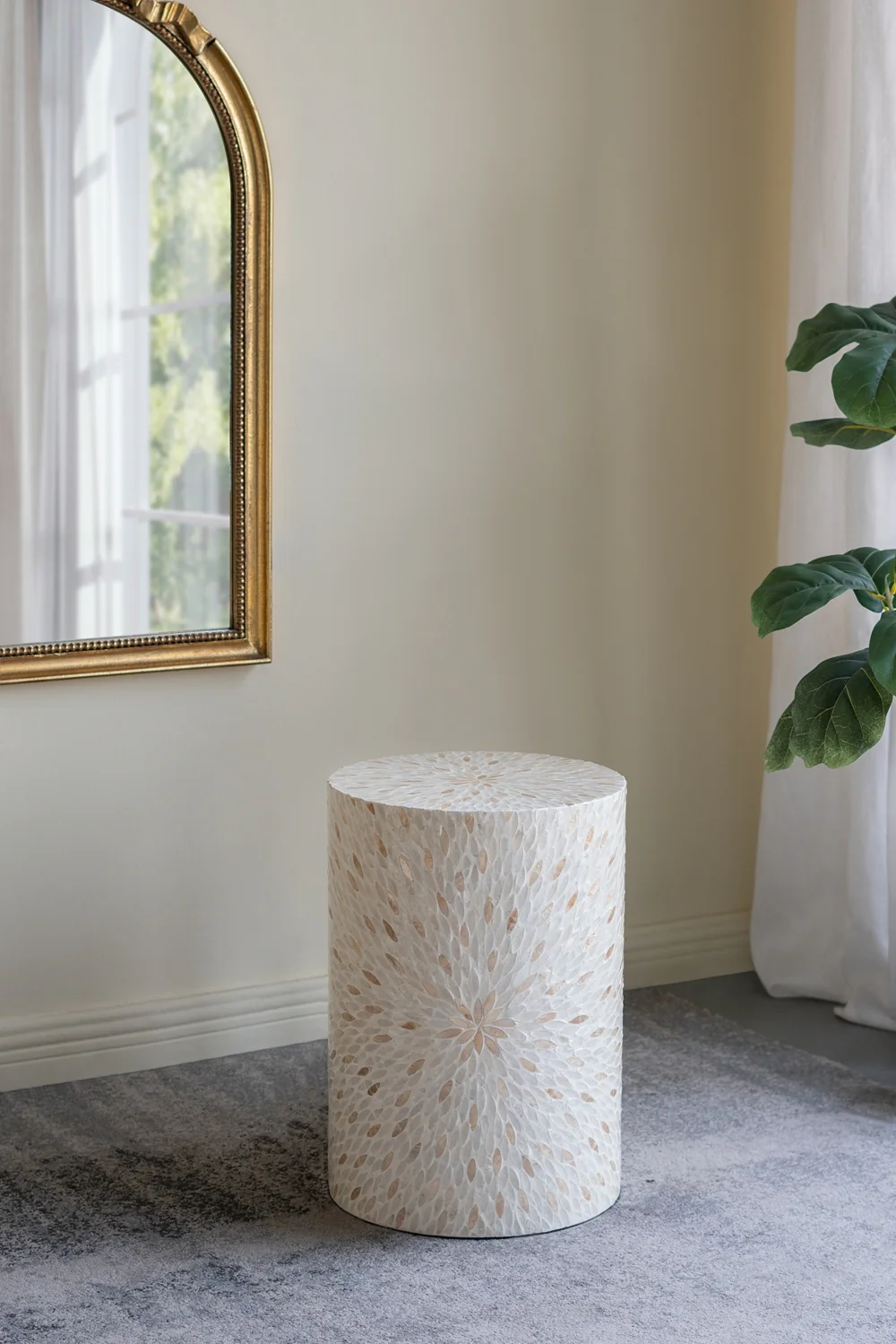 Gold and White Capiz Drum Side Table