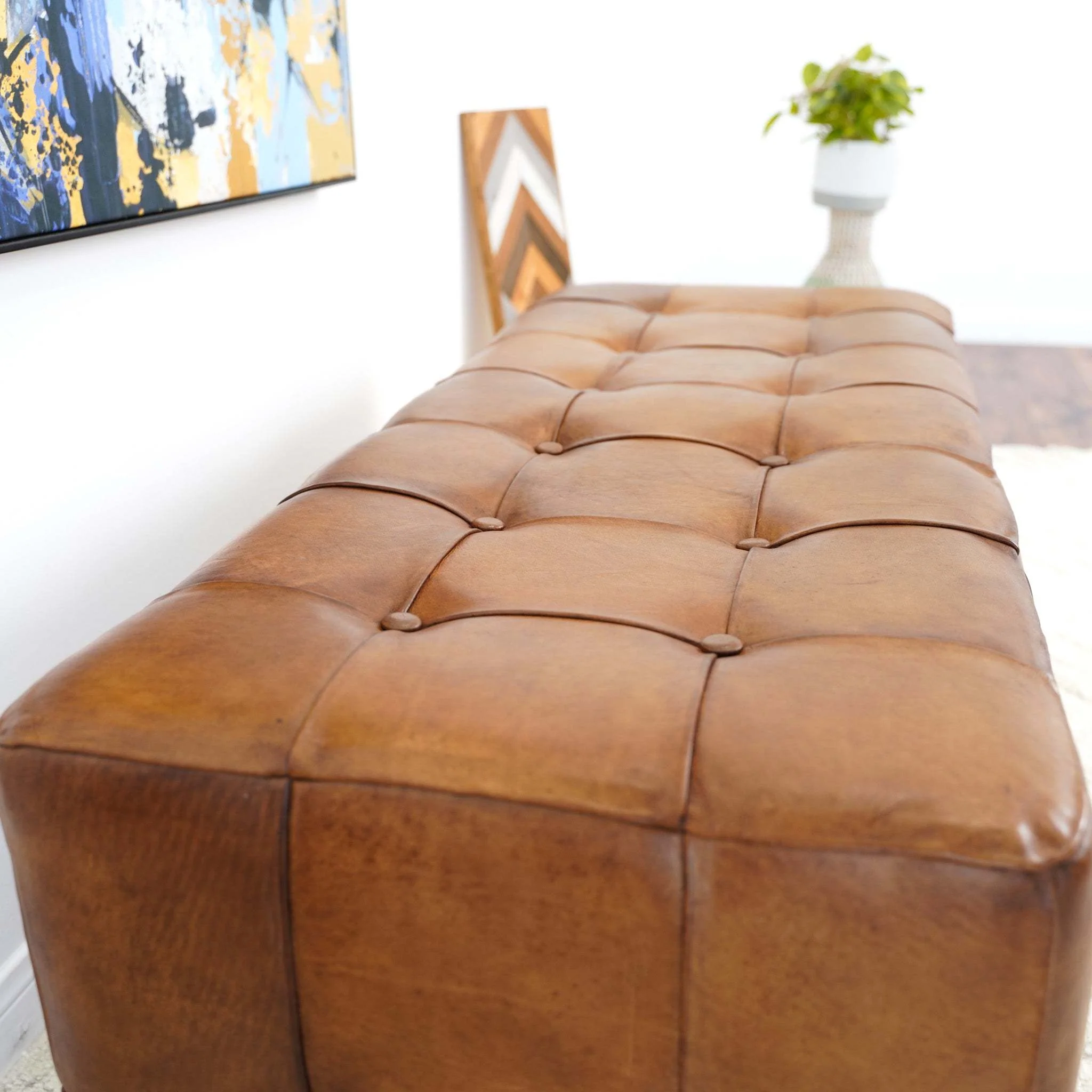 Benjiro Mid-Century Modern Tan Leather Tufted Ottoman
