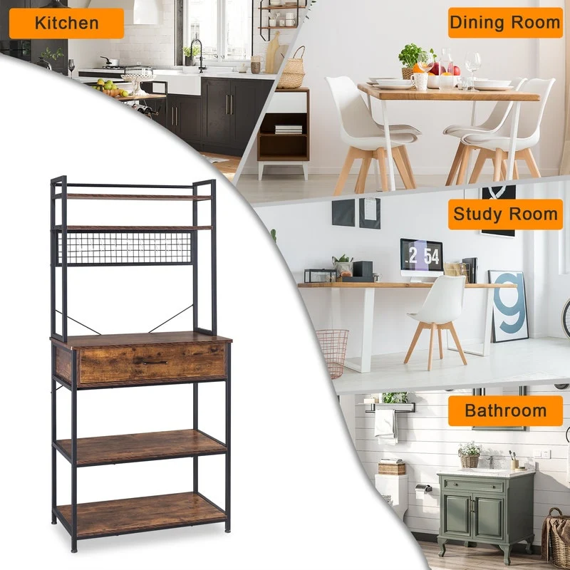 5-Tier Kitchen Bakers Rack with 10 S Hooks and 1 drawer Rustic Brown