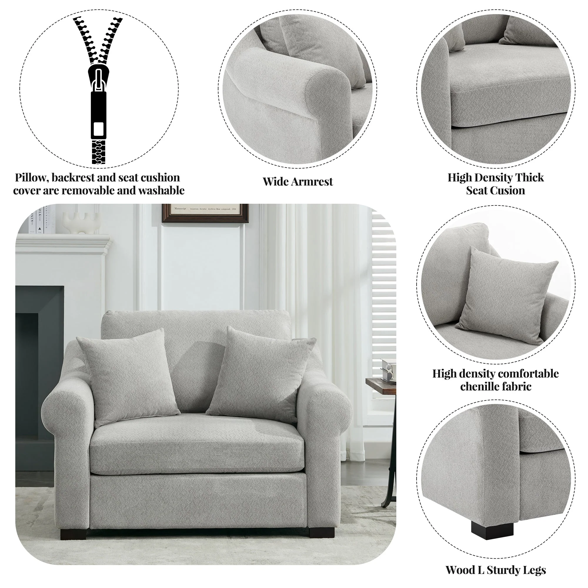 Elicited Upholstered Arm Chair with Wide Armrests and Removable Cushion