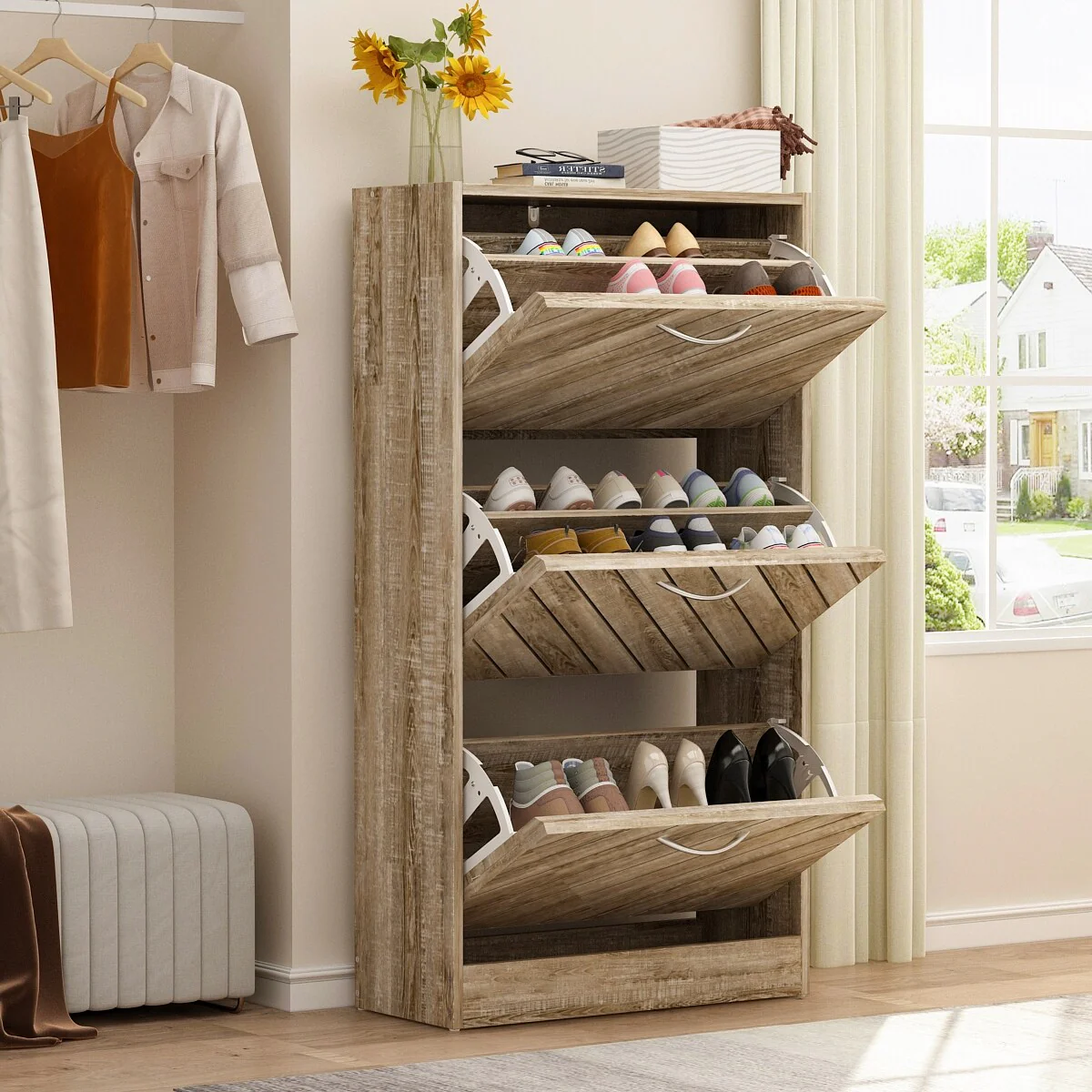 FUFU&GAGA Freestanding 3 Flip Drawers Shoe Cabinet Storage Organizer