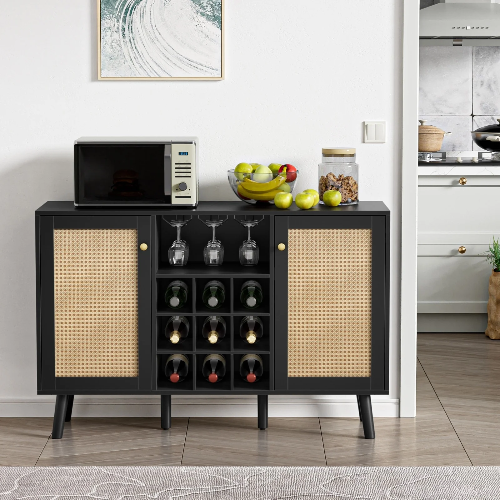 Anmytek Modern 2-Door Black Wood Rattan Kitchen Buffet Sideboard Coffee Bar Cabinet Server Table with Wine Rack