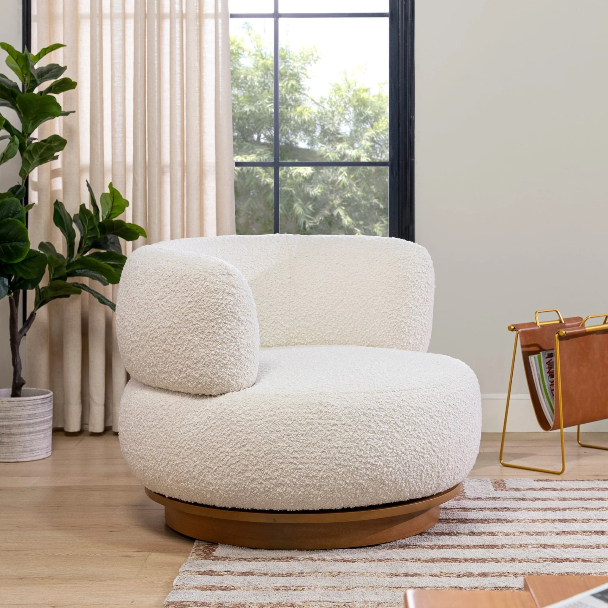 Upholstered Swivel Barrel Chair with Low Back and Wood Base