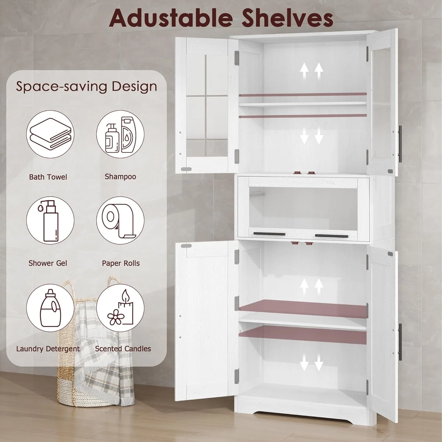 Tall Bathroom Cabinet, Linen Storage Cabinet with Doors and Adjustable Shelves and Drawer