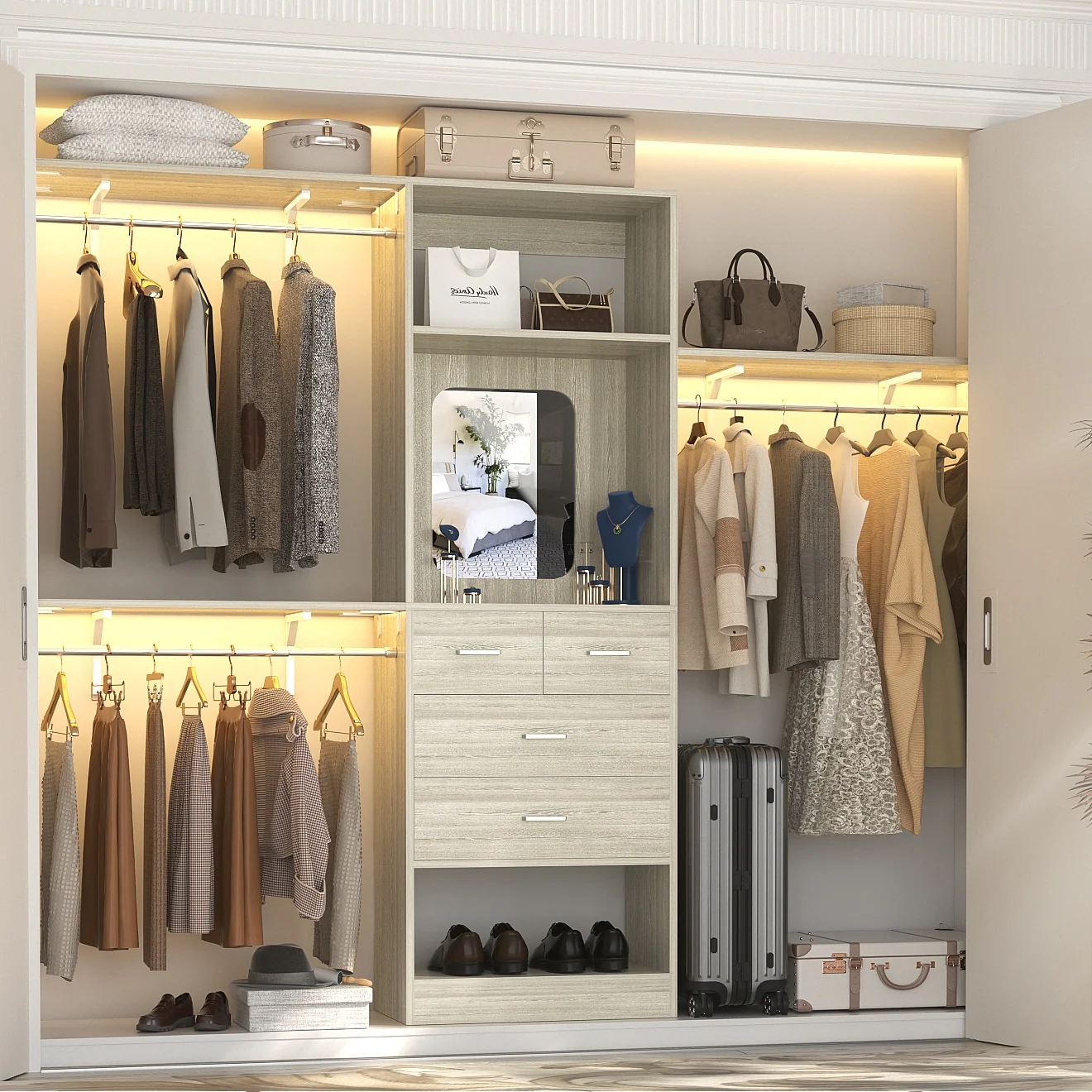 96'' W Closet System with Mirror, 8FT Walk-in Closet Organizer Kits with 4 Wooden Drawers ＆ 3 Extendable Hanging Rods