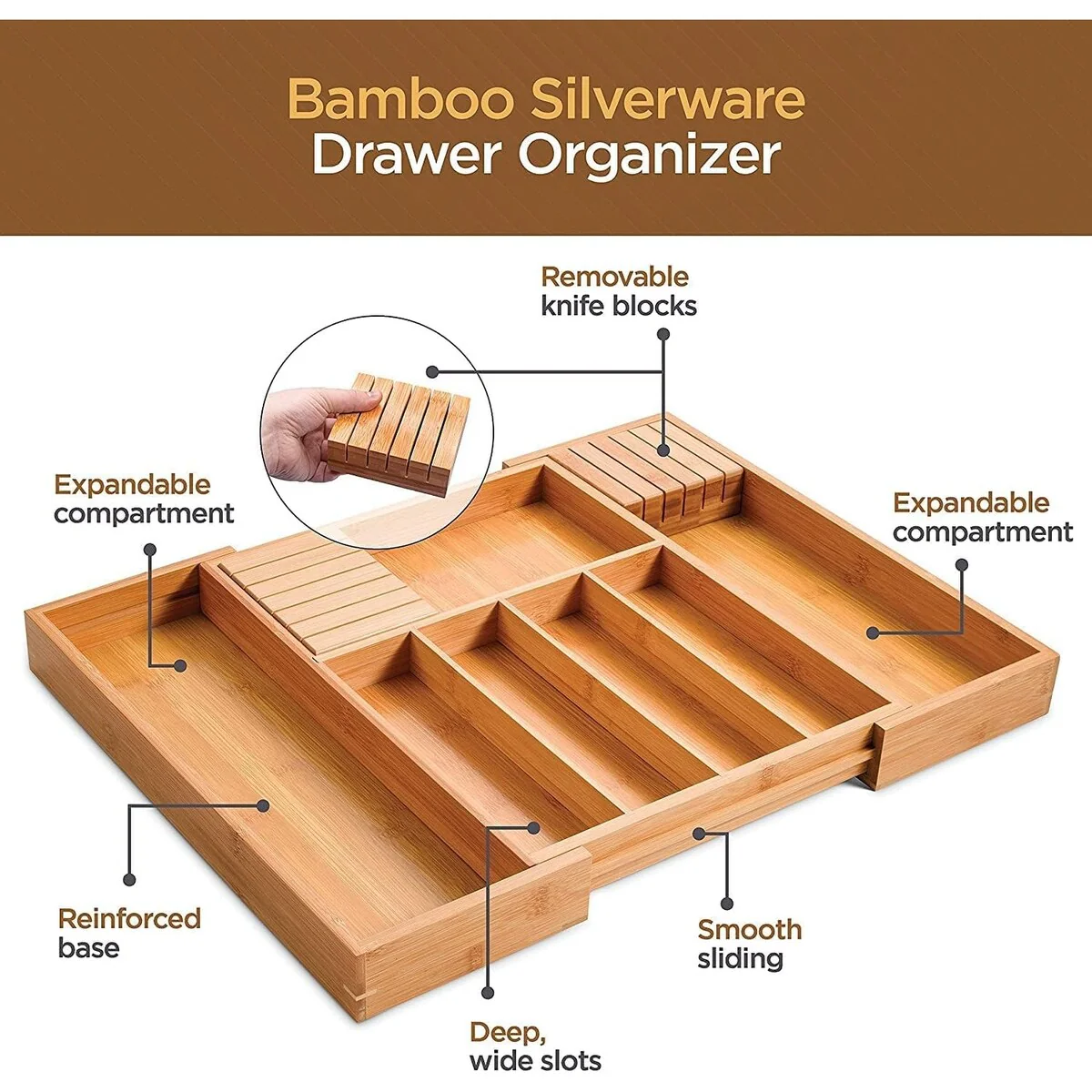 Utensil Organizer - Bamboo Expandable Silverware Organizer, Utensil Holder & Cutlery Tray with Divider and Removable Knife Block