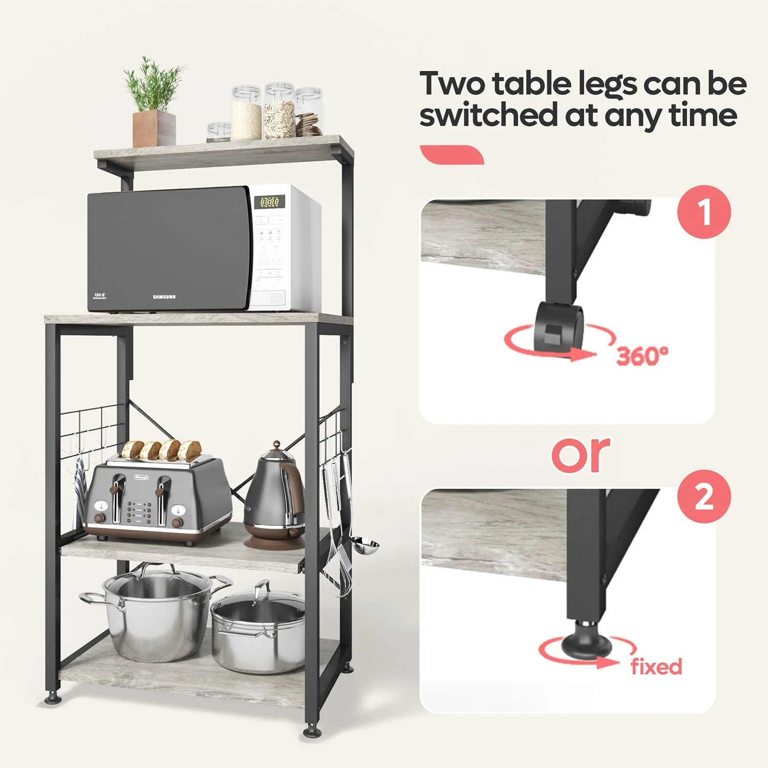 Kitchen Bakers Rack with Storage Shelves &USB Outlets, Microwave Oven Stand Kitchen Shelf Organizer