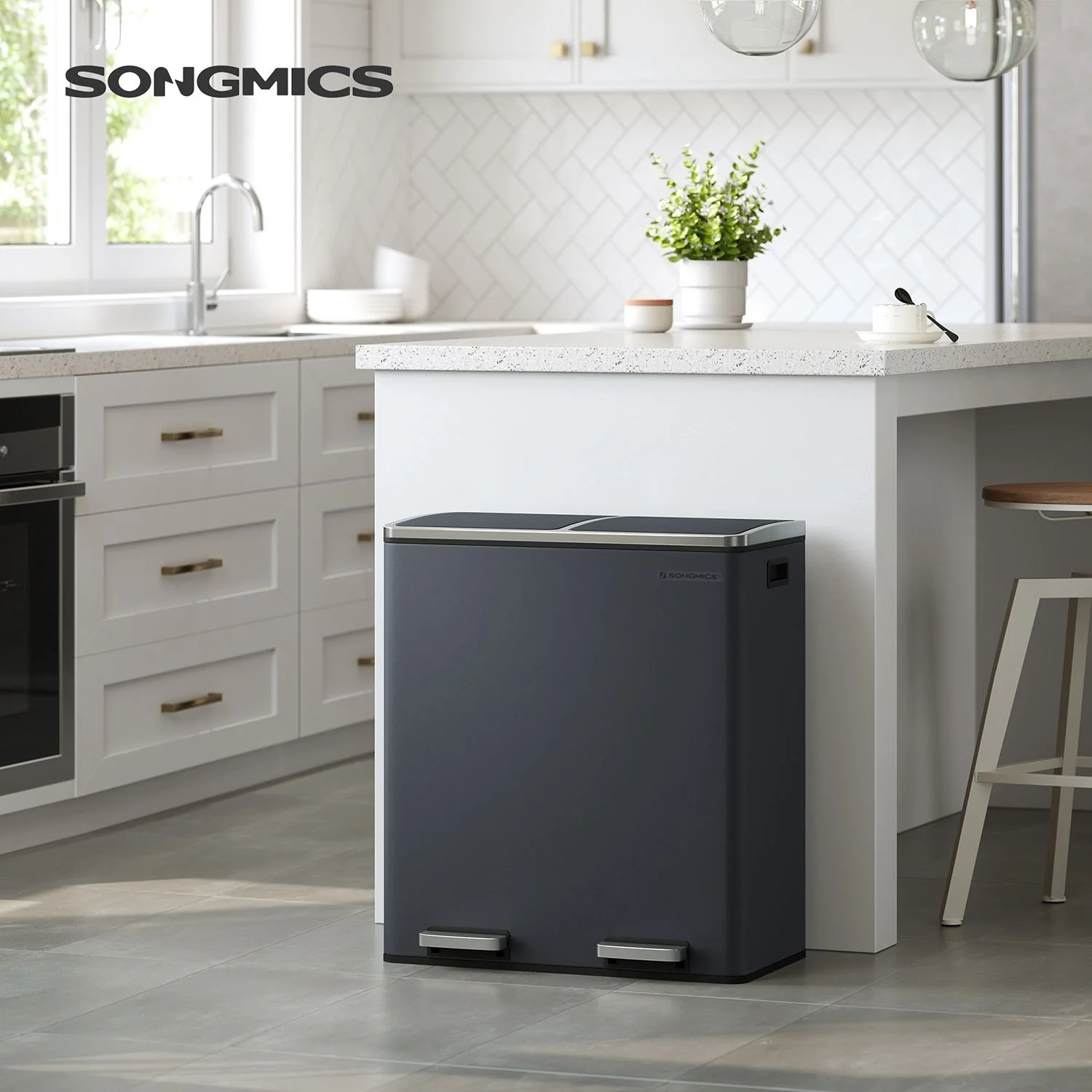 SONGMICS Dual Trash Can, 2x 8 Gallon Stainless Steel Garbage Can, Gray