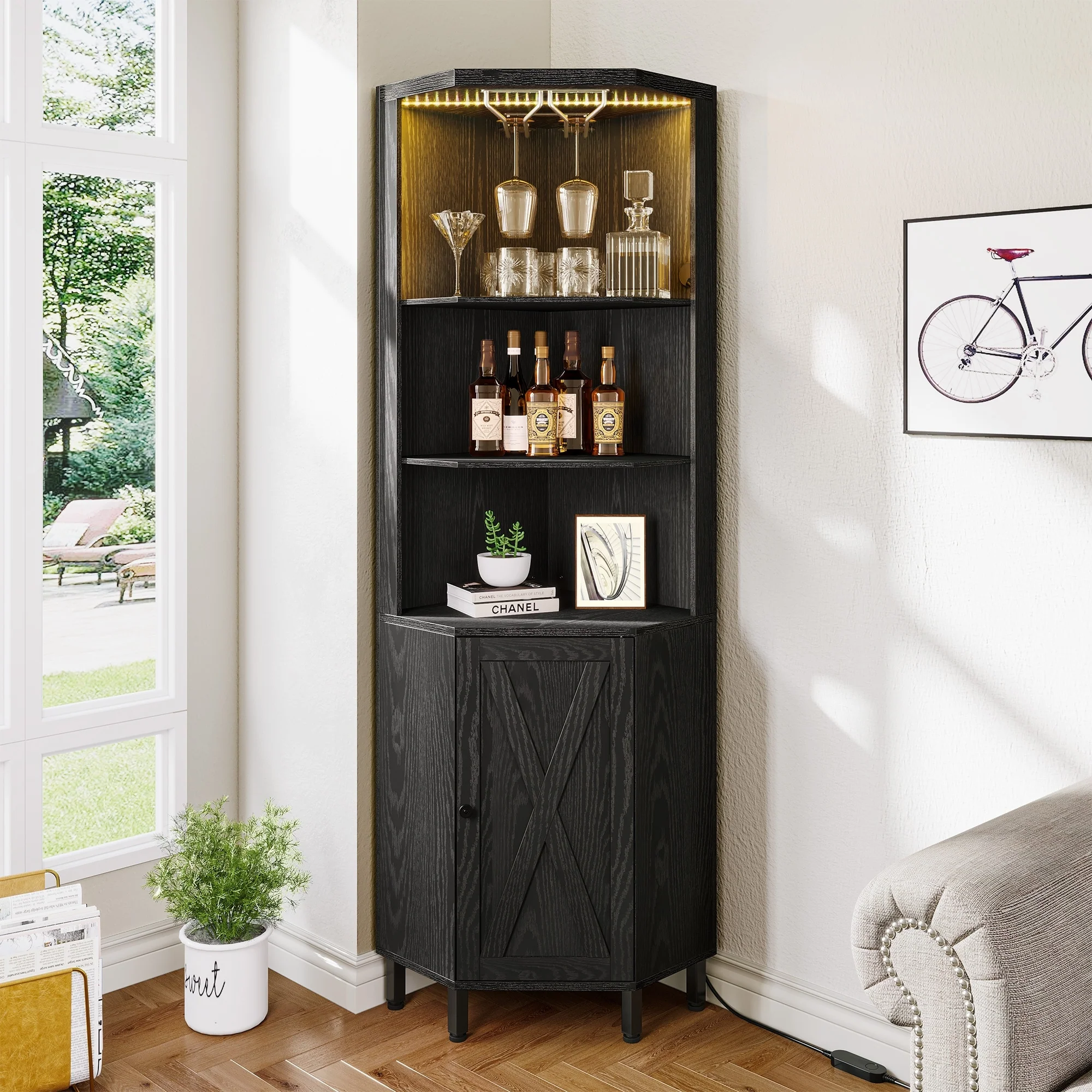 5 Tiers Corner Bar Cabinet Wine Rack Display Shelves with LED Lights and Glass Holder