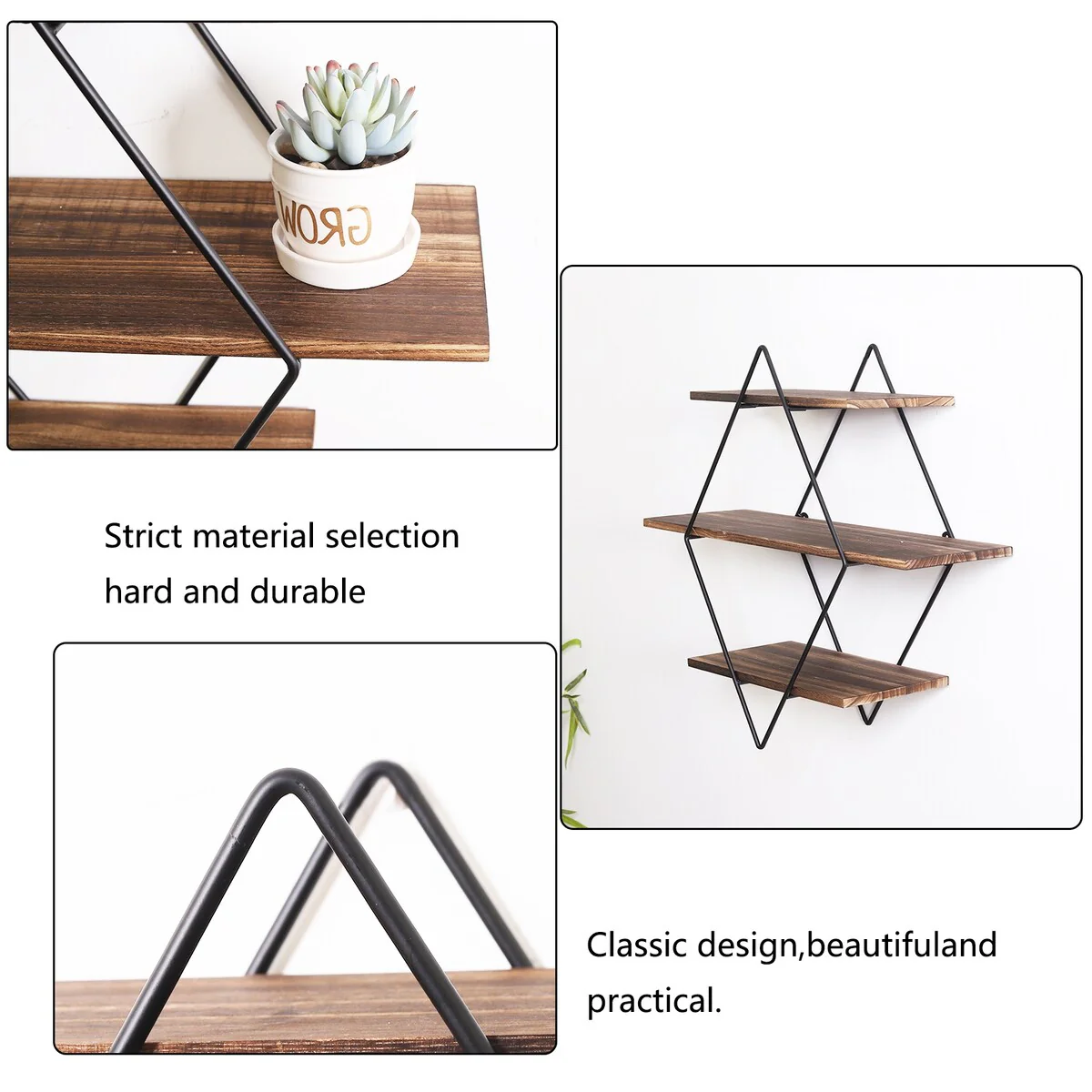 3Tier Metal Wall Shelves in Geometric Diamond for Home Display Storage