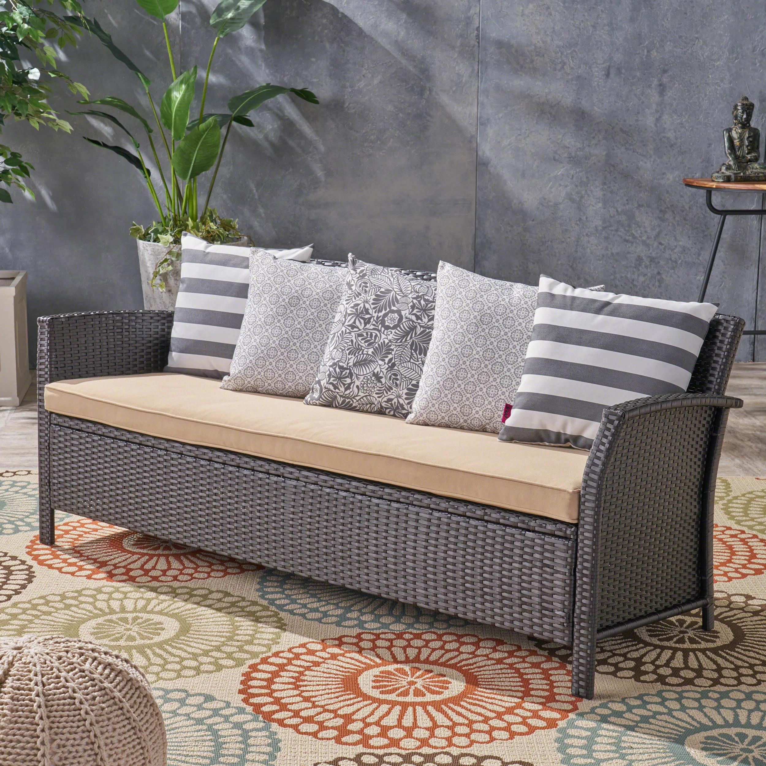 Outdoor 3-Seater Rattan Sofa with Curved Armrests