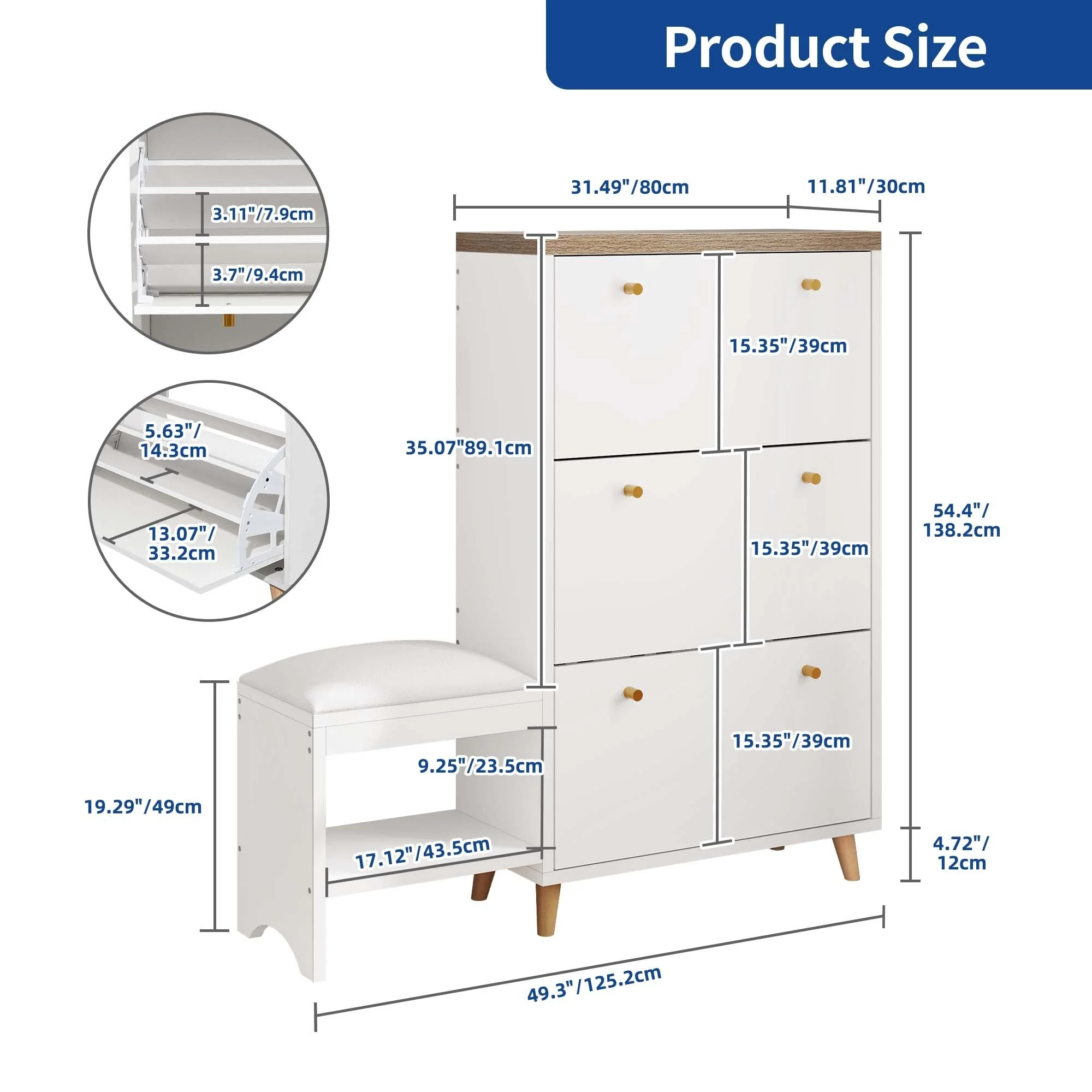Moasis 36 Pair Shoe Storage Cabinet with 3 Flip Drawers and Shoe Bench