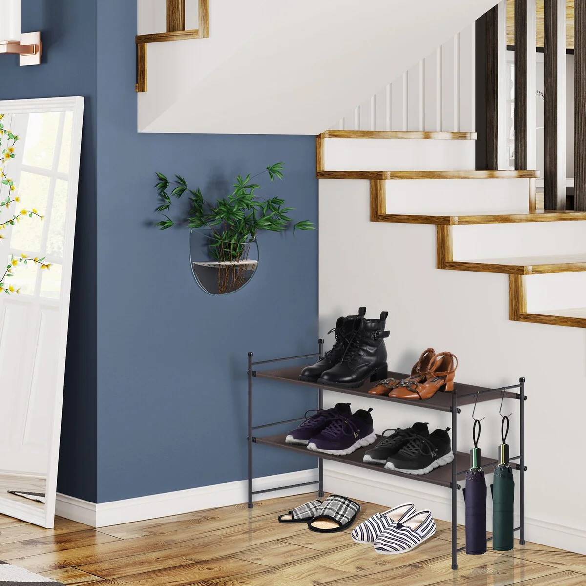 Freestanding Sturdy Fabric Shoe Rack Organizer with 2 Metal Hooks, Bronze