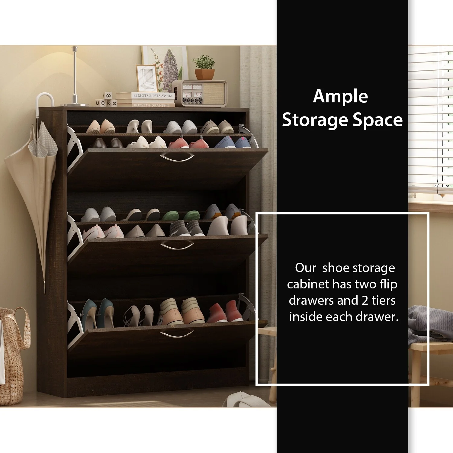 Shoe Cabinet Shoe Rack Storage Organizer with 3 Flip Drawers Entryway