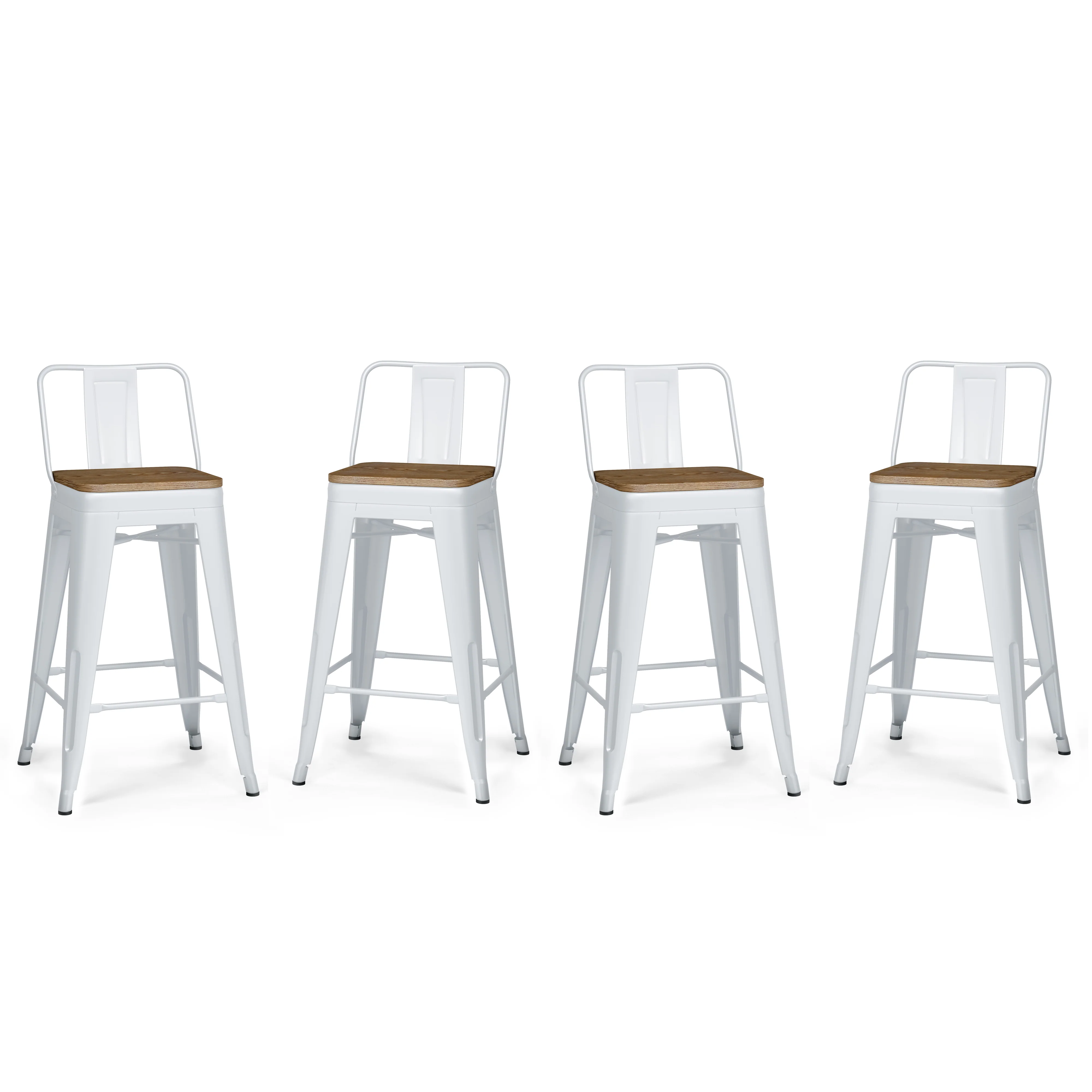 Boundless Metal/Wood Counter Stool with Curved Back, Cross Brace and Footrest, Set of 4