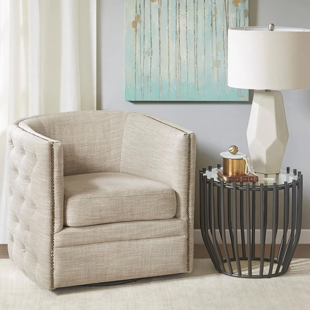 Button Tufted Upholstered Swivel Chair with Low Back and Nailhead Trim