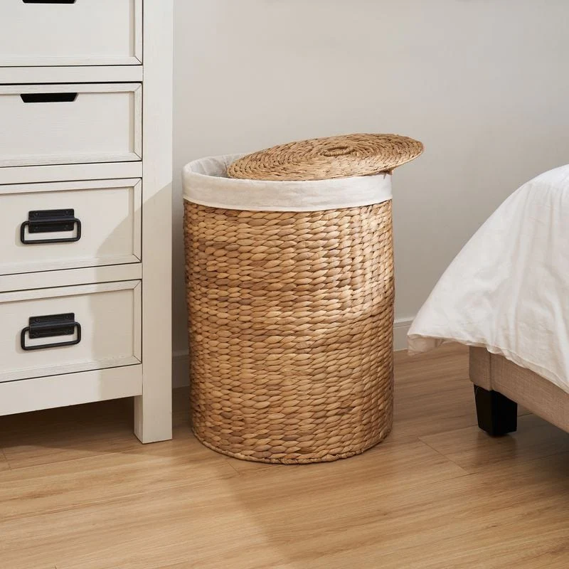 Ludmilla Round Tall Water Hyacinth Woven Wicker Laundry Hamper with Lid 15