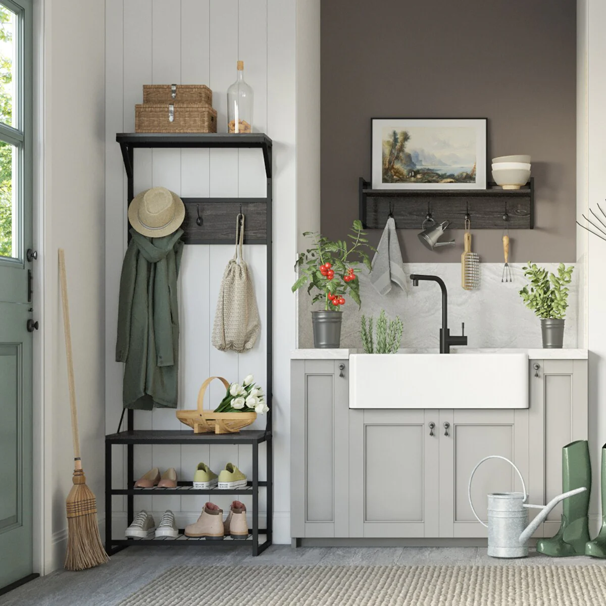 RiverRidge Afton 4-Hook Wall Mount Entryway Organizer Coat Rack Hanger - Weathered Woodgrain and Dark Brown Hooks