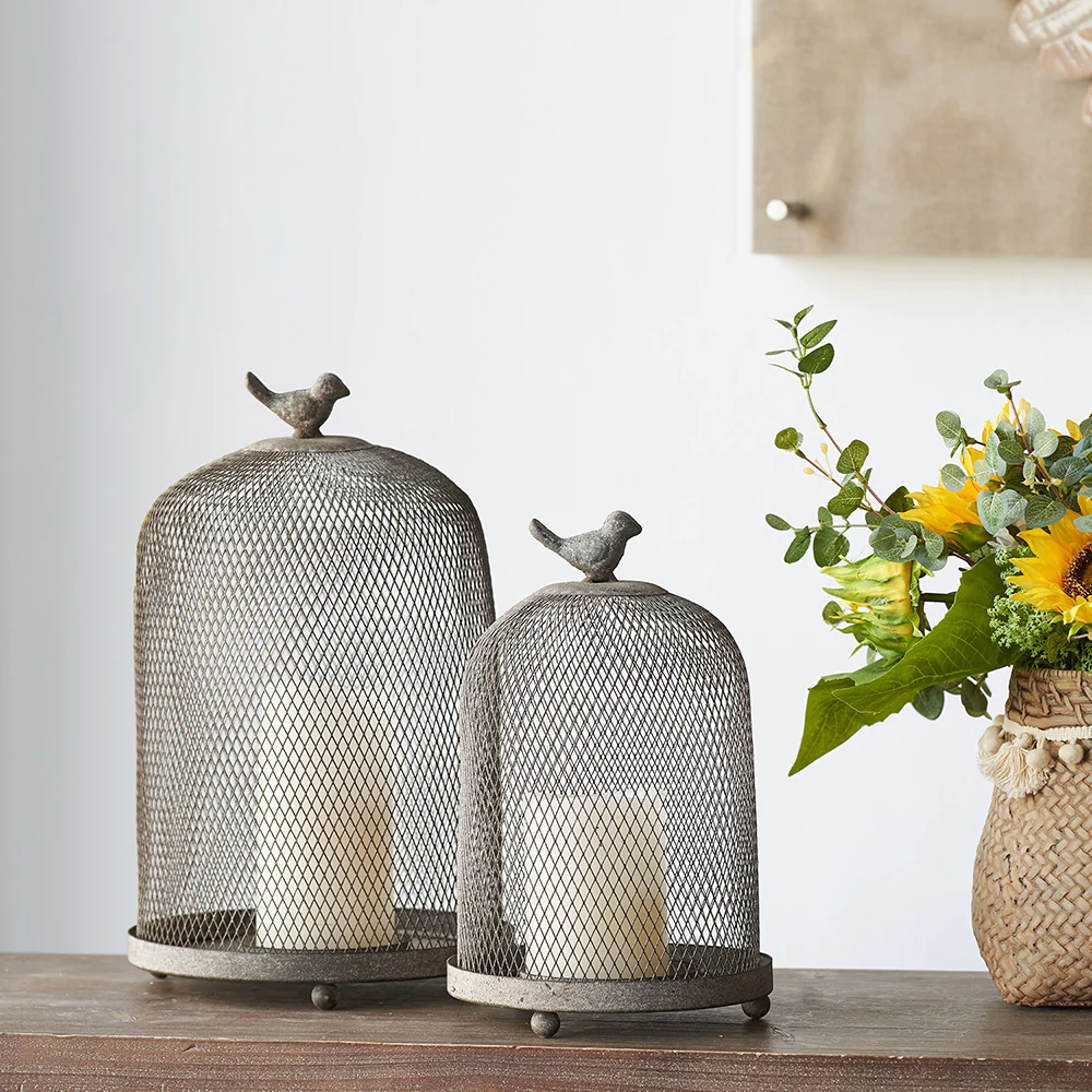 Candle Holder with a Bird Atop Domed Mesh, Set of 2