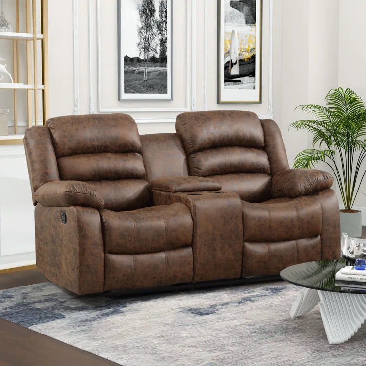 Emryn 71.7'' Wide Modern and Overstuffed Breathable Vegan Leather Manual Reclining Loveseat Sofa with Cup Holder and Storage