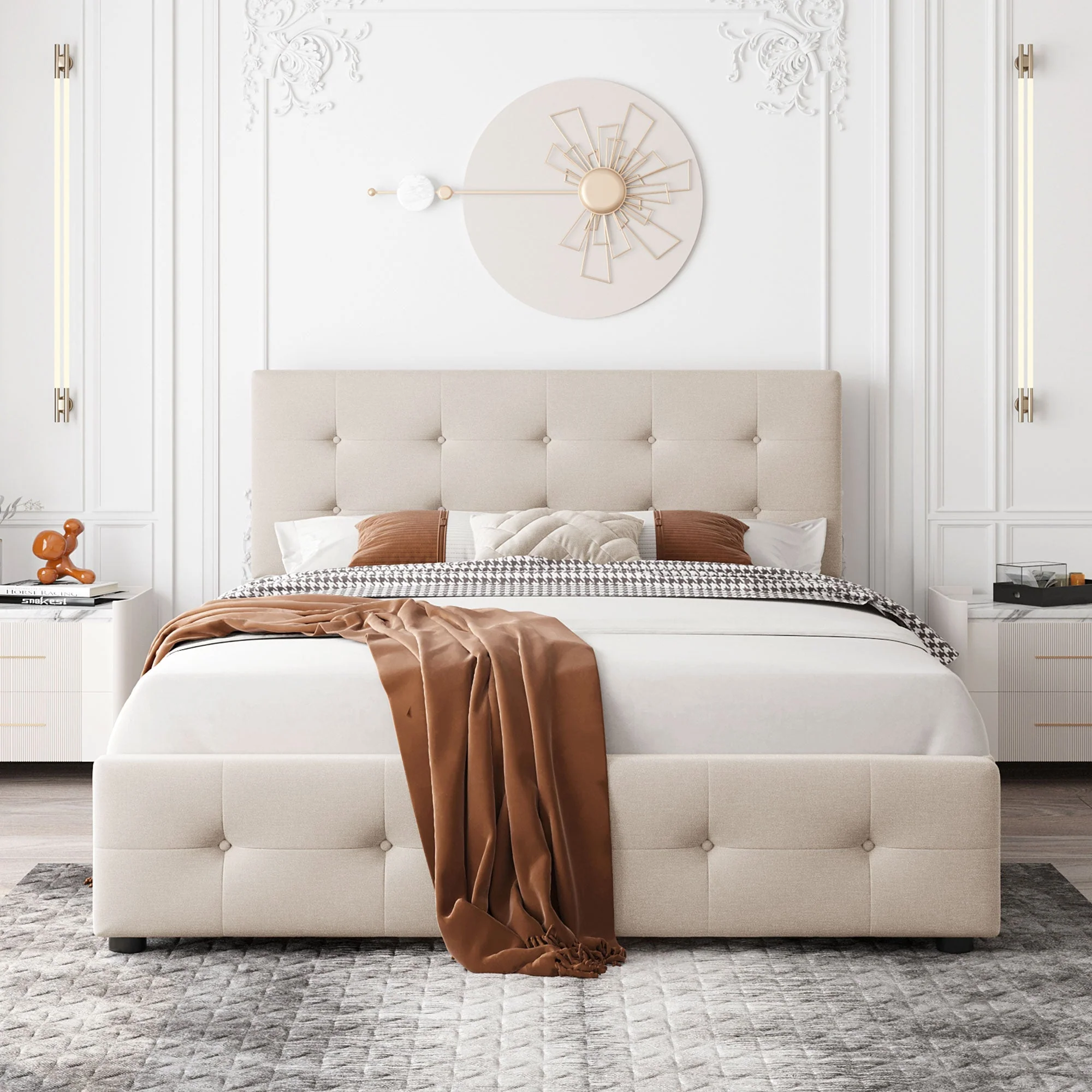 Upholstered Queen Platform Bed with Classic Headboard and 4 Drawers