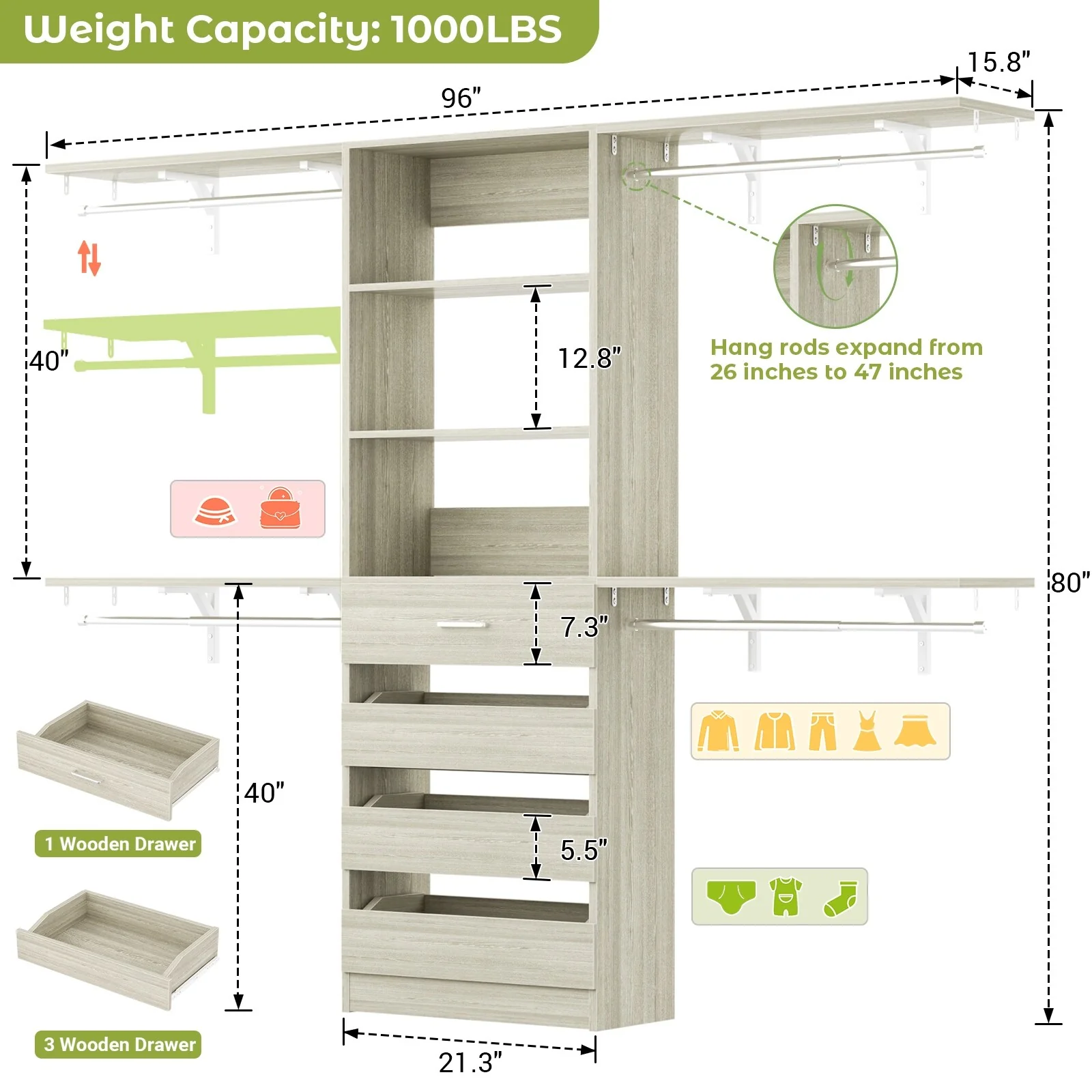Rackcog 96'' Closet System with 4 Drawers and 4 Hanging Rods, 8FT Wood Closet Organizer for Walk-in Closet