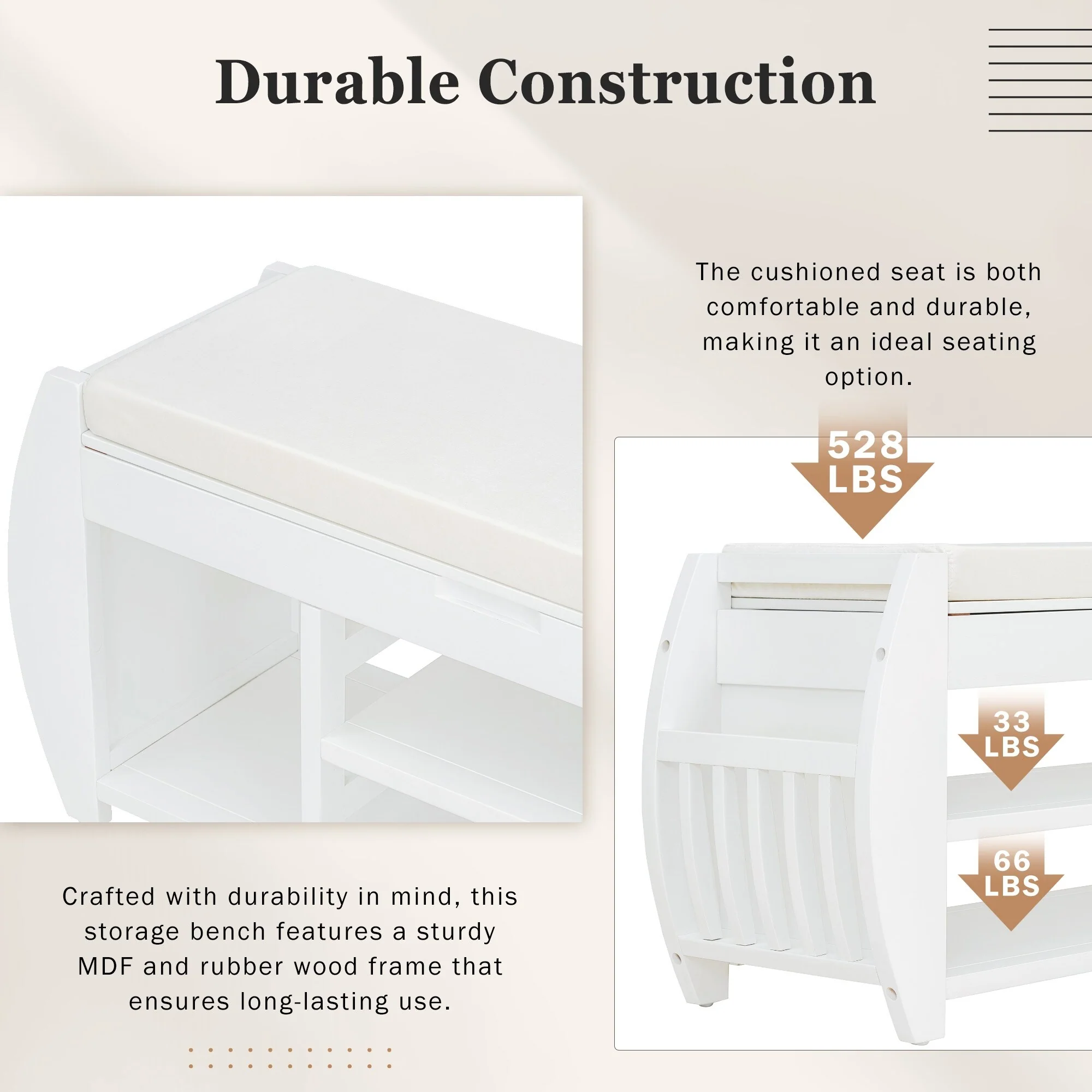 Multifunctional Storage Bench with Cushion and Curved Side Panel for Entrance and Living Room