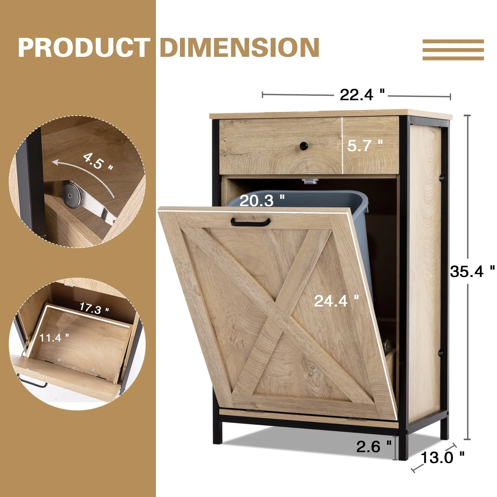 10 Gallon Tilt Out Kitchen Trash Cabinet Trash Can Wooden Tilts Out Hands Laundry Recycling Holder Brown