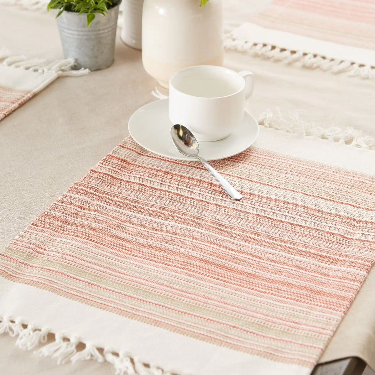 Pimento Striped Fringed Placemats, Set Of 6