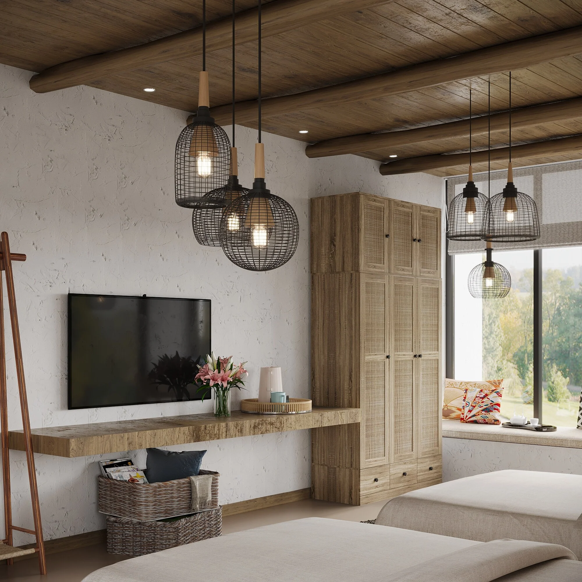 Large Storage Wardrobe Versatile Rattan Door Closet with Deep Drawers