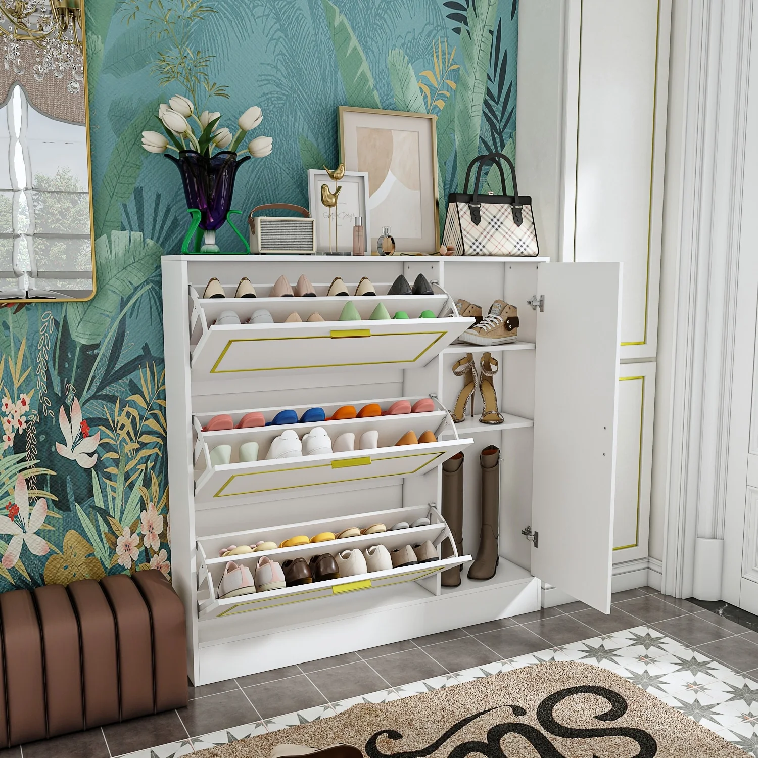 Fold-Out Shoes Cabinet Storage Cabinet Dresser Chest(Black/White)