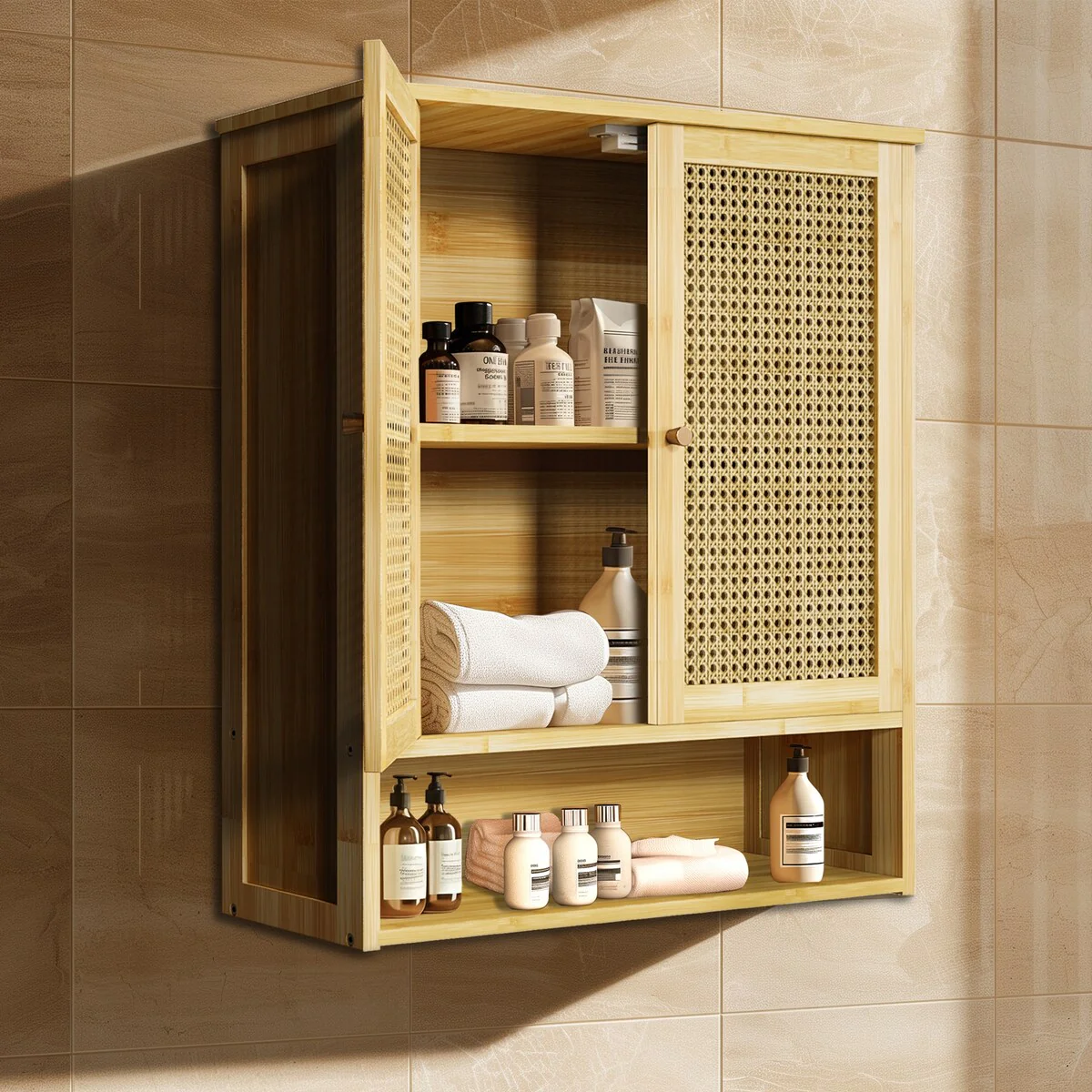 Bamboo Wall Mounted Cabinet Hanging Storage Cabinet with 3 Shelves