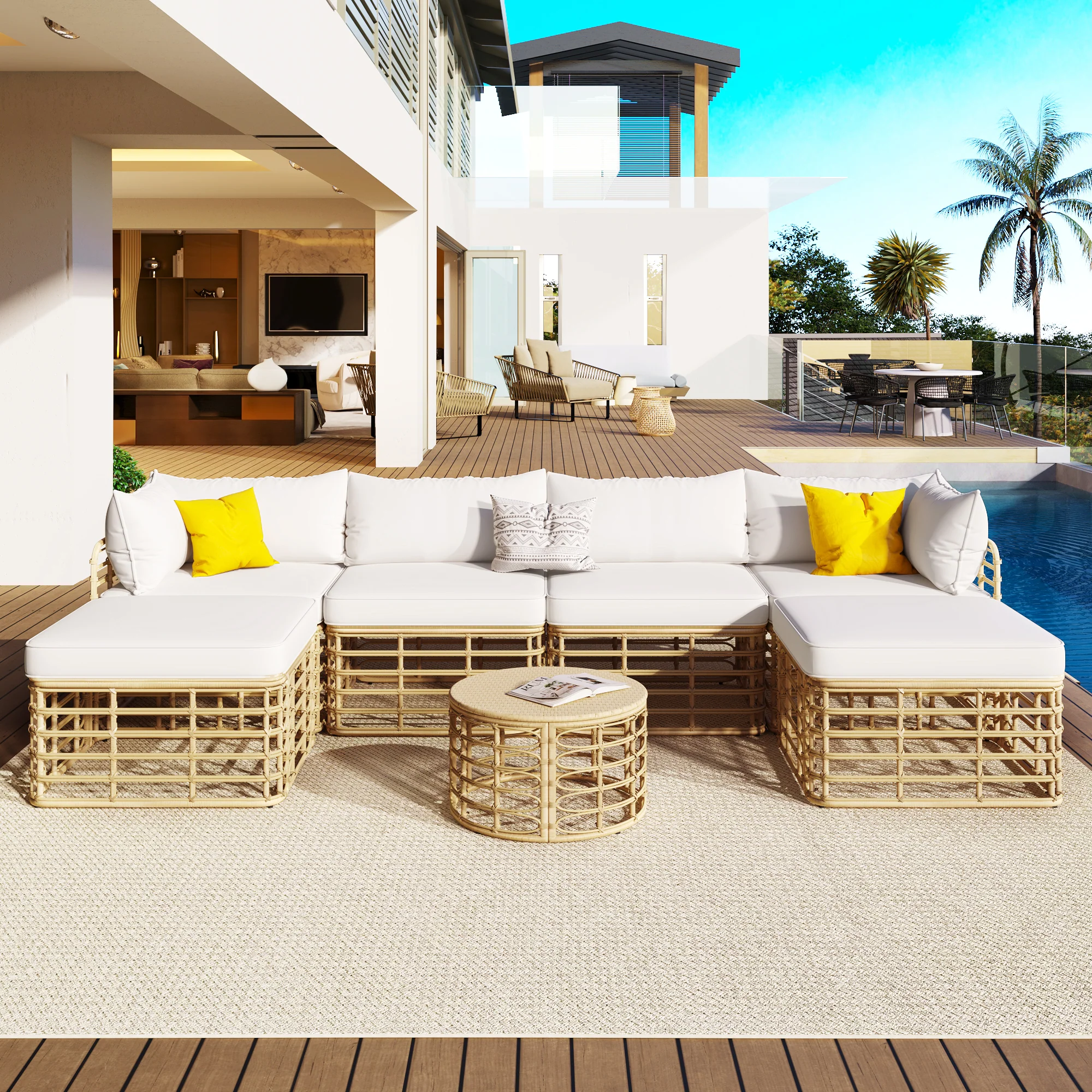 Evoking 7-Piece Outdoor Sectional Set with Hollow Woven Design and Pillows
