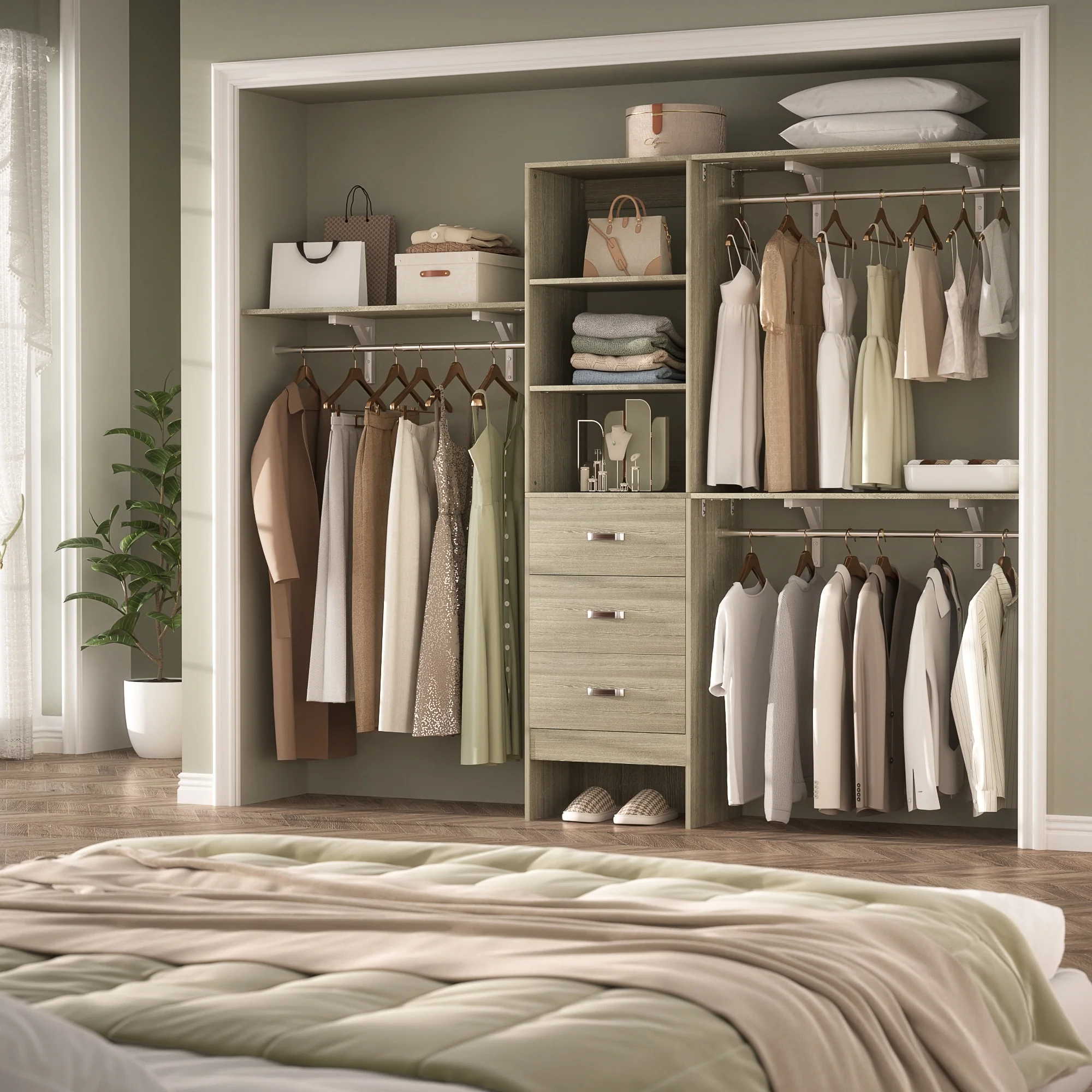 Rackcog 120'' Closet Organizer with Drawers, Closet System with DIY Shelves for Reach-in and Walk-in Closet