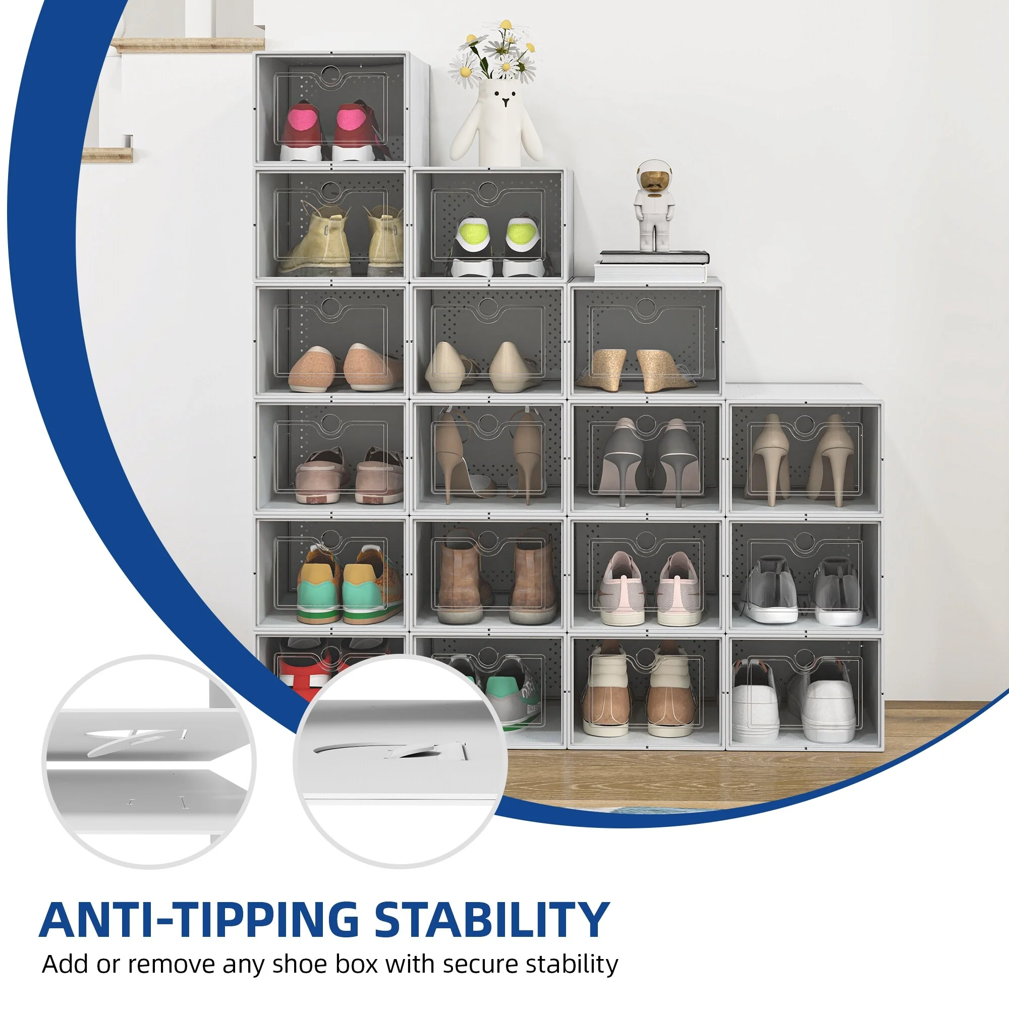 Moasis Shoe Organizer Box, 18 PCS Large Shoe Storage Stackable Shoe Box Rack Containers Drawers - 18PCS