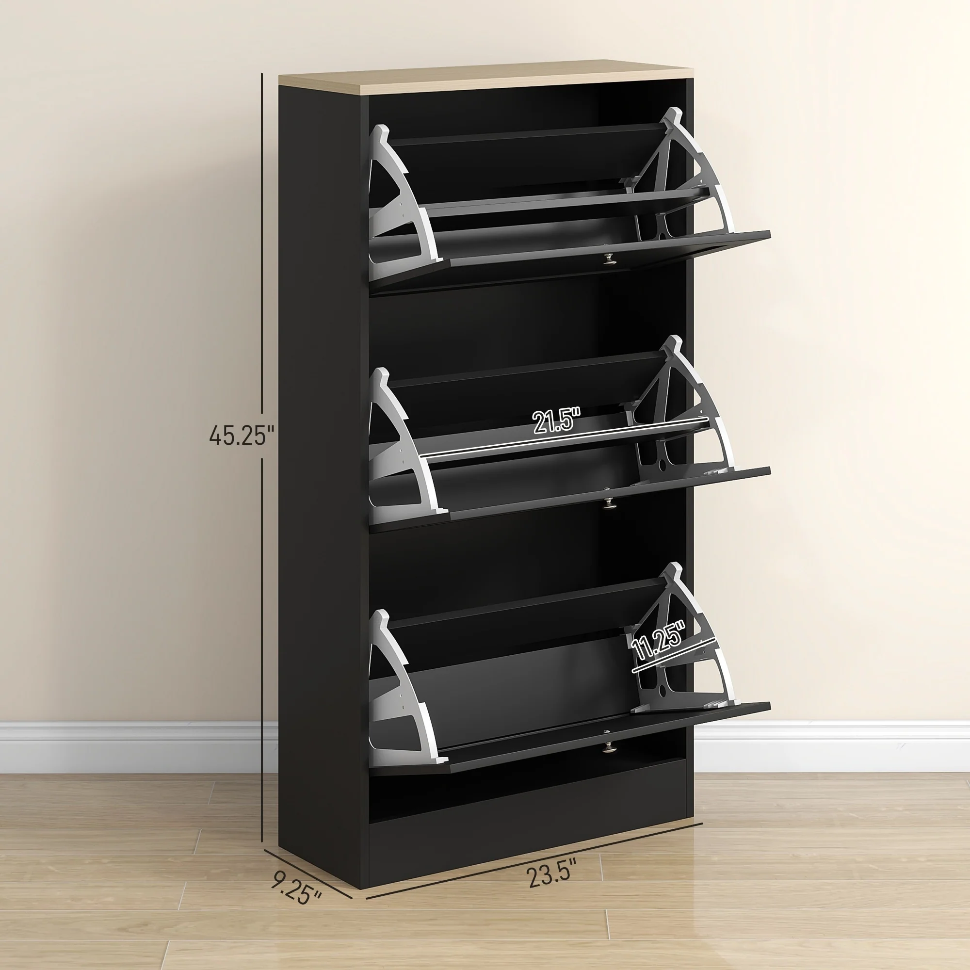 HOMCOM Narrow Shoe Storage Cabinet for Entryway with 3 Flip Drawers and Adjustable Shelves