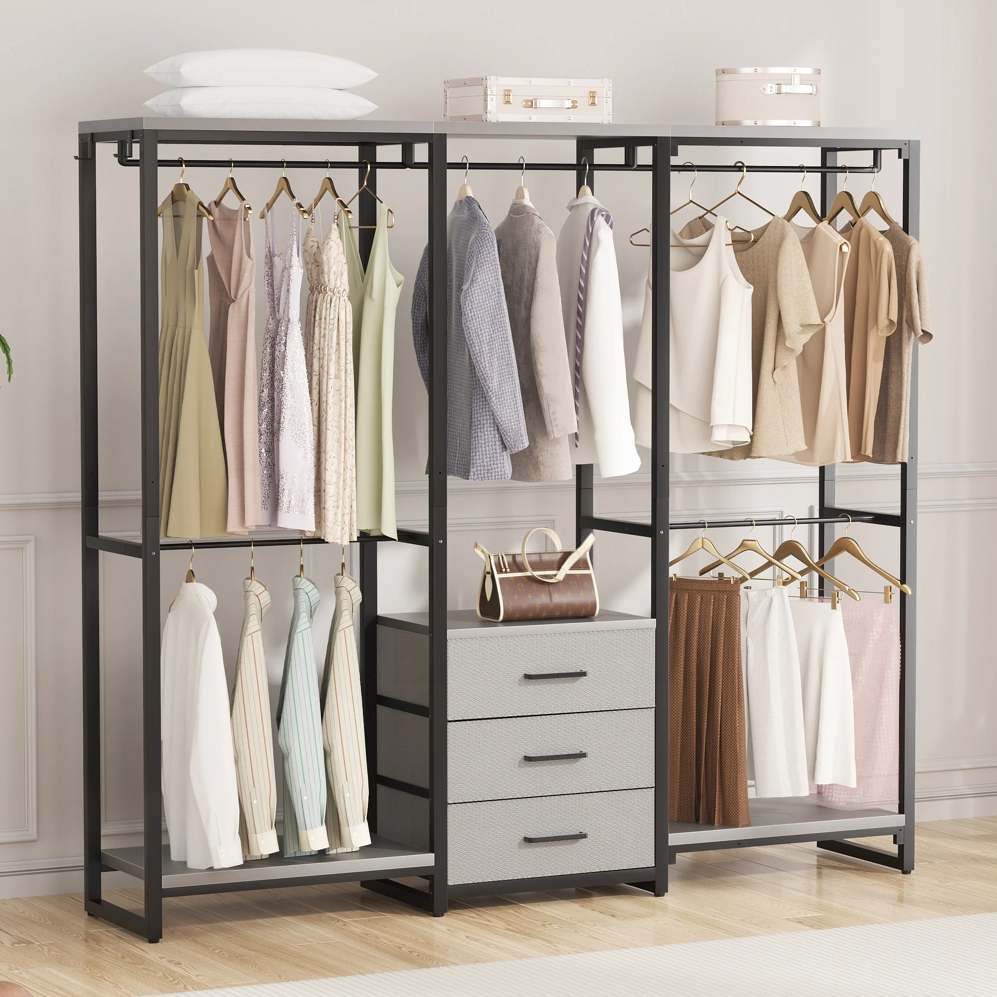 65.6'' Heavy-duty Garment Rack, Freestanding Closet Organizer with Fabric Drawers and 5 hanging Rods