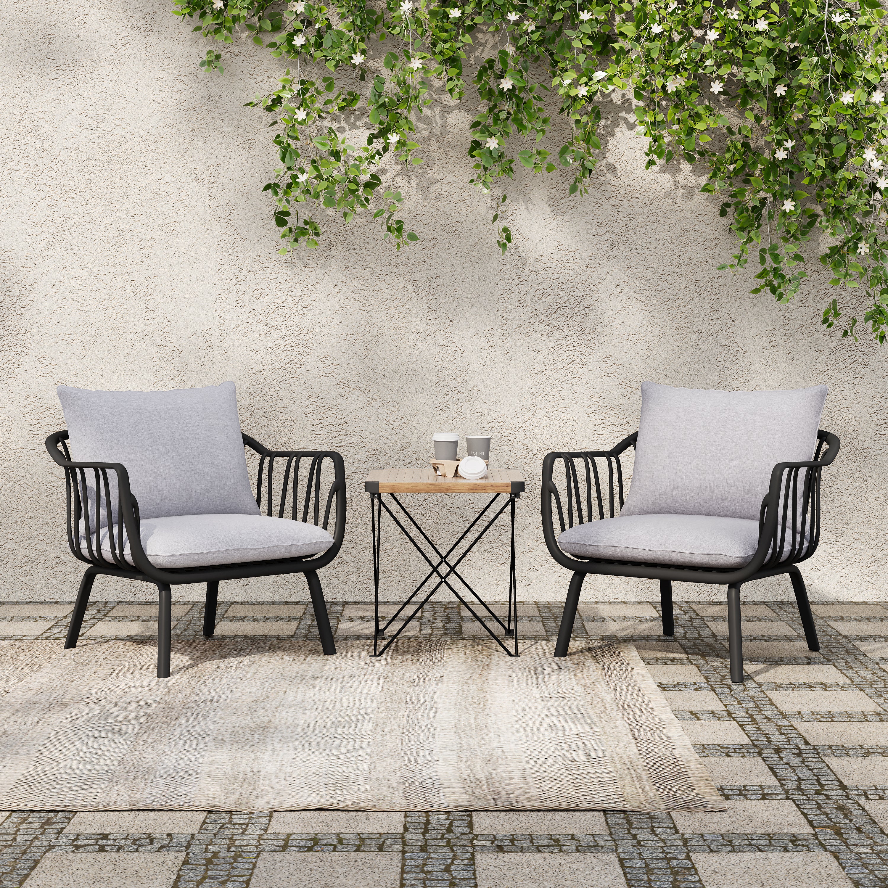 Outdoor Club Chair with Cushions and Open Slat Accents, Set of 2