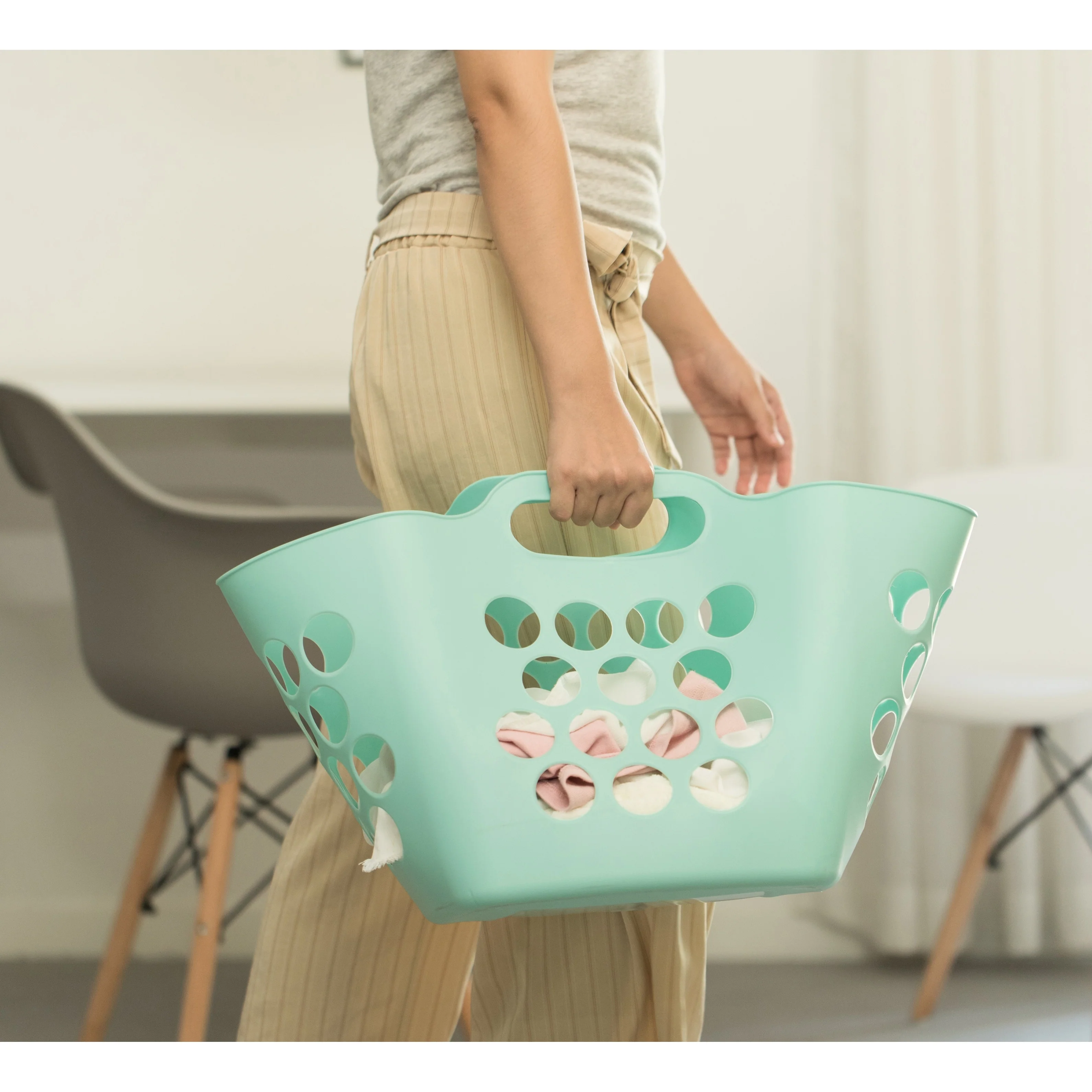 Flexible Plastic Laundry Basket - Square Storage Hamper with Side Handles for Easy Carrying - 28 Litter