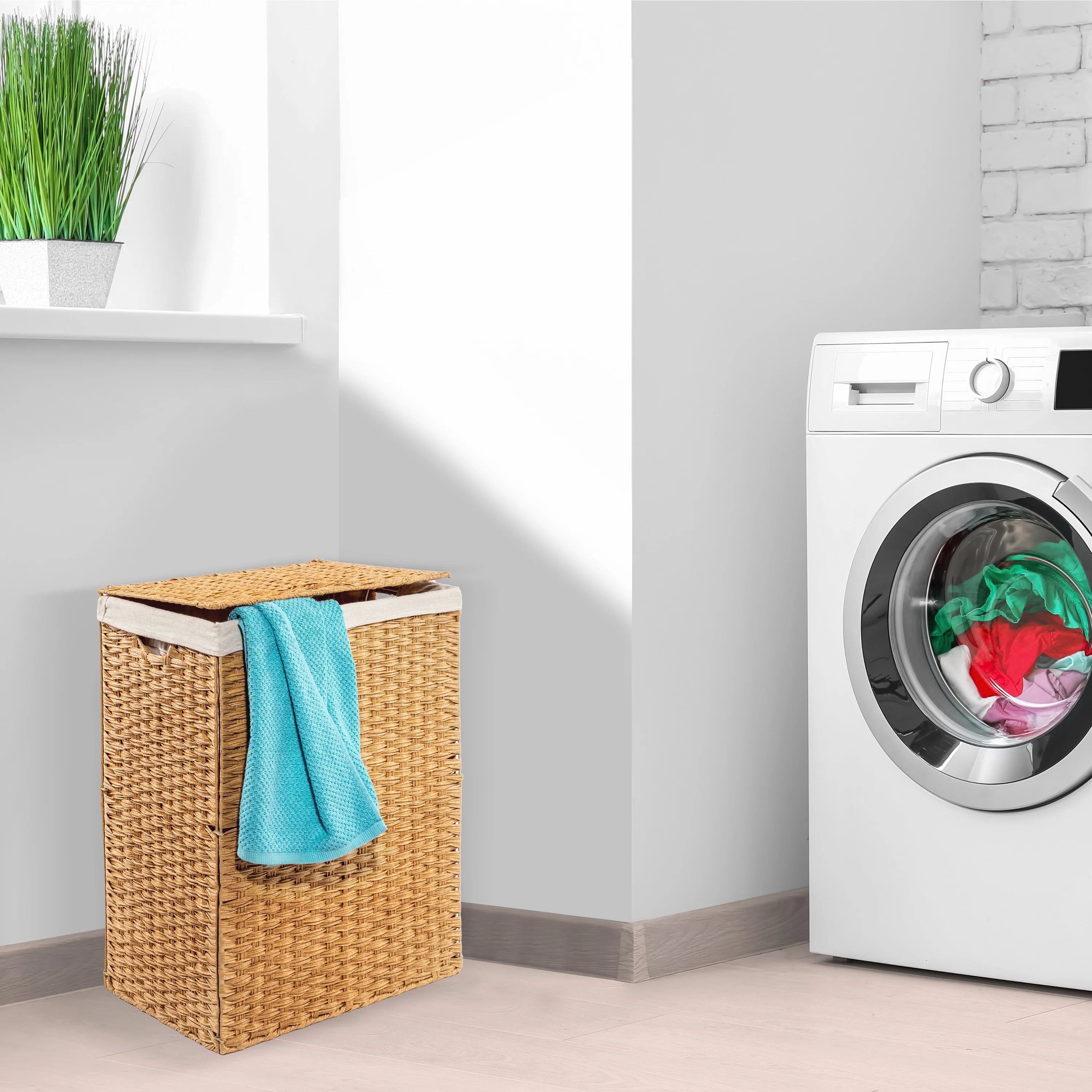 Seville Classics Lidded Foldable Portable Rectangular Laundry Hamper Basket with Washable Liner