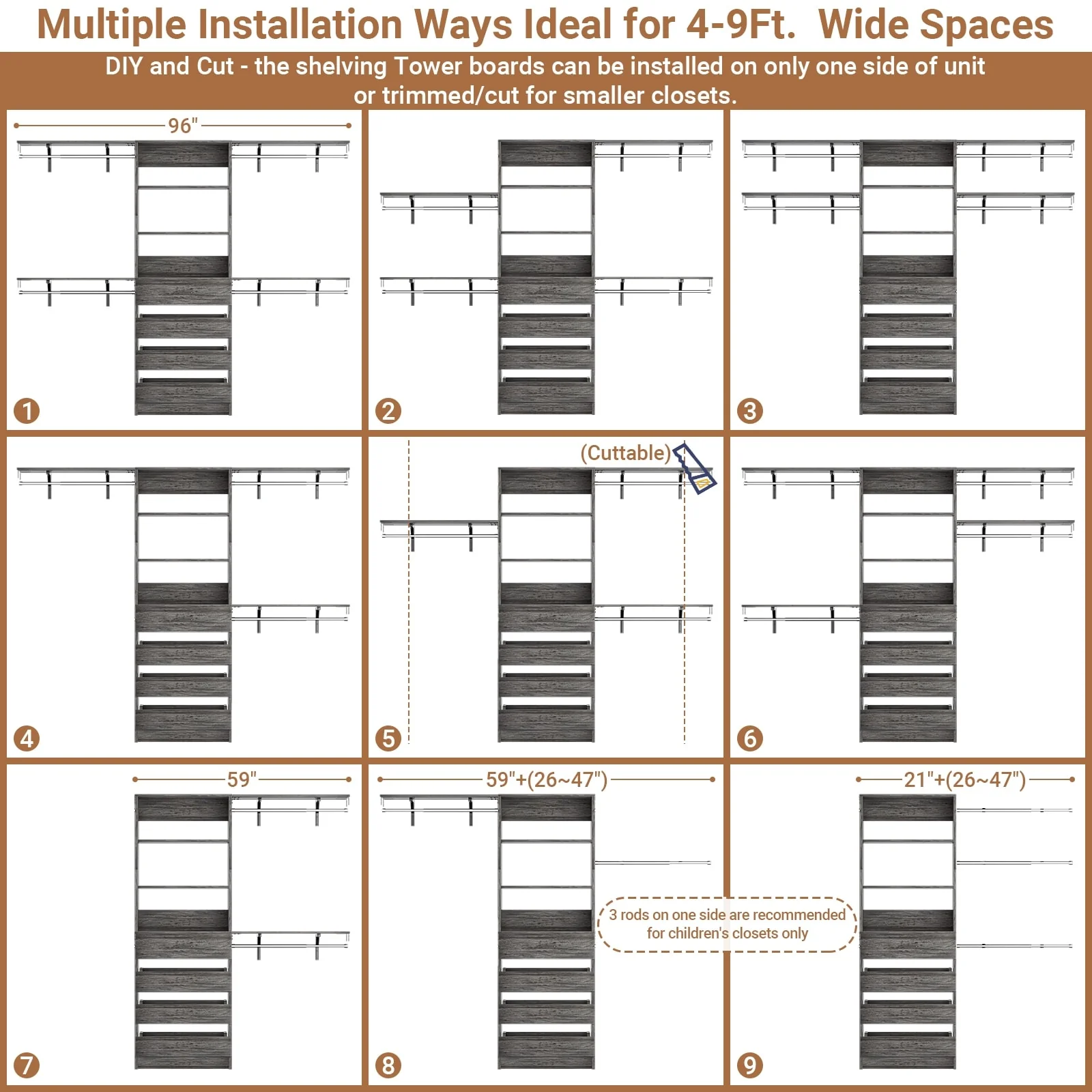Rackcog 96'' Closet System with 4 Drawers and 4 Hanging Rods, 8FT Wood Closet Organizer for Walk-in Closet